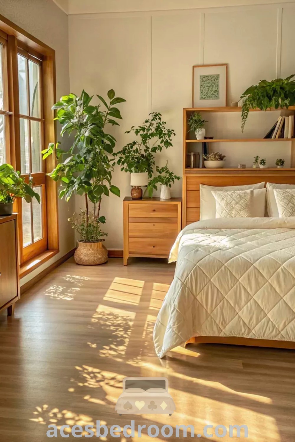 A cozy minimal feminine bedroom featuring a bed by a window, surrounded by potted plants, showcasing light wood elements and inspiring design ideas for a warm and sophisticated look. Explore more decorating ideas at acesbedroom.com.
