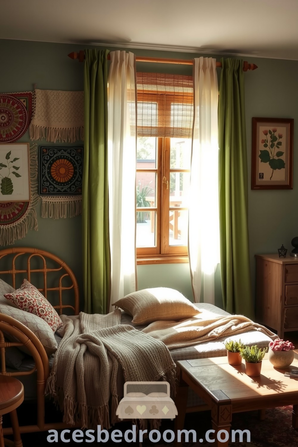 Cozy boho bedroom featuring a rattan bed frame, earthy tones, woven tapestries, layered textiles, and potted plants, creating a serene and inviting atmosphere, showcased on acesbedroom.com.
