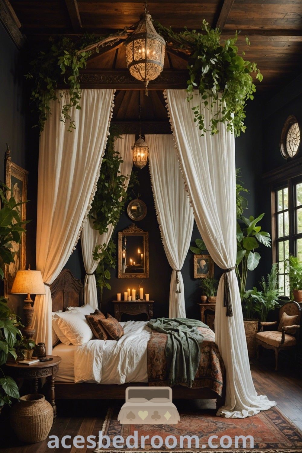 A peaceful Zen Boho bedroom with white drapes, hanging plants, and a cozy design, showcasing unique ideas for a stylish and inviting space. Perfect for inspiration, this decor offers boho guest room ideas that will instantly calm your mind. Find more design ideas at acesbedroom.com.