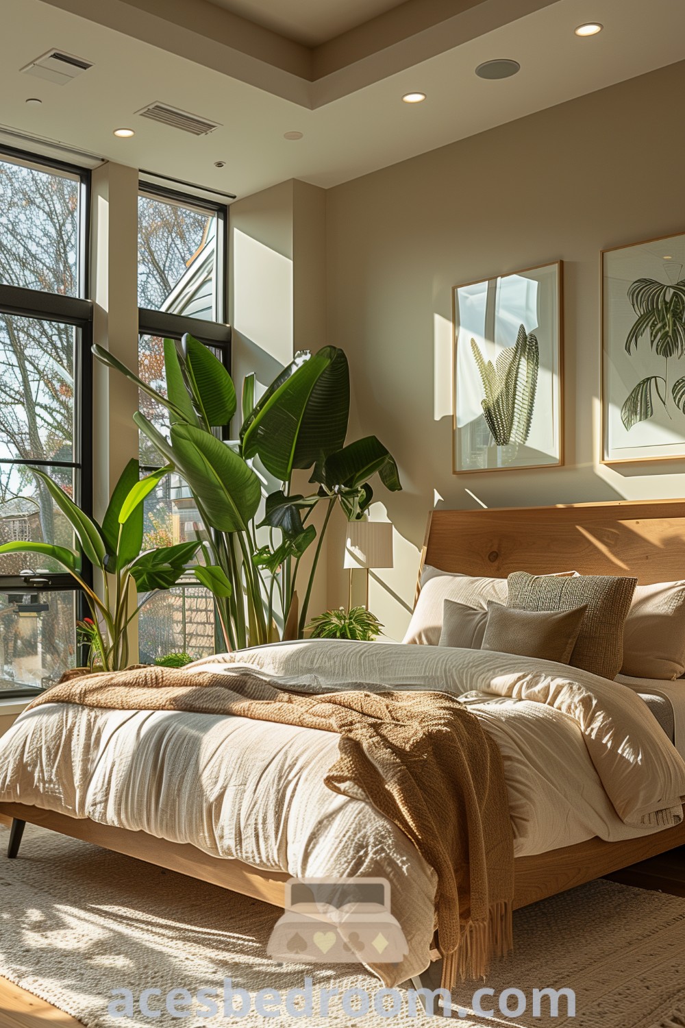A cozy bedroom with a bed next to two windows decorated with potted plants, embodying biophilic interior design principles. This inspiring biophilic bedroom design showcases how natural elements and decor ideas can create a calm and sophisticated atmosphere. Explore more ideas for your home at acesbedroom.com.