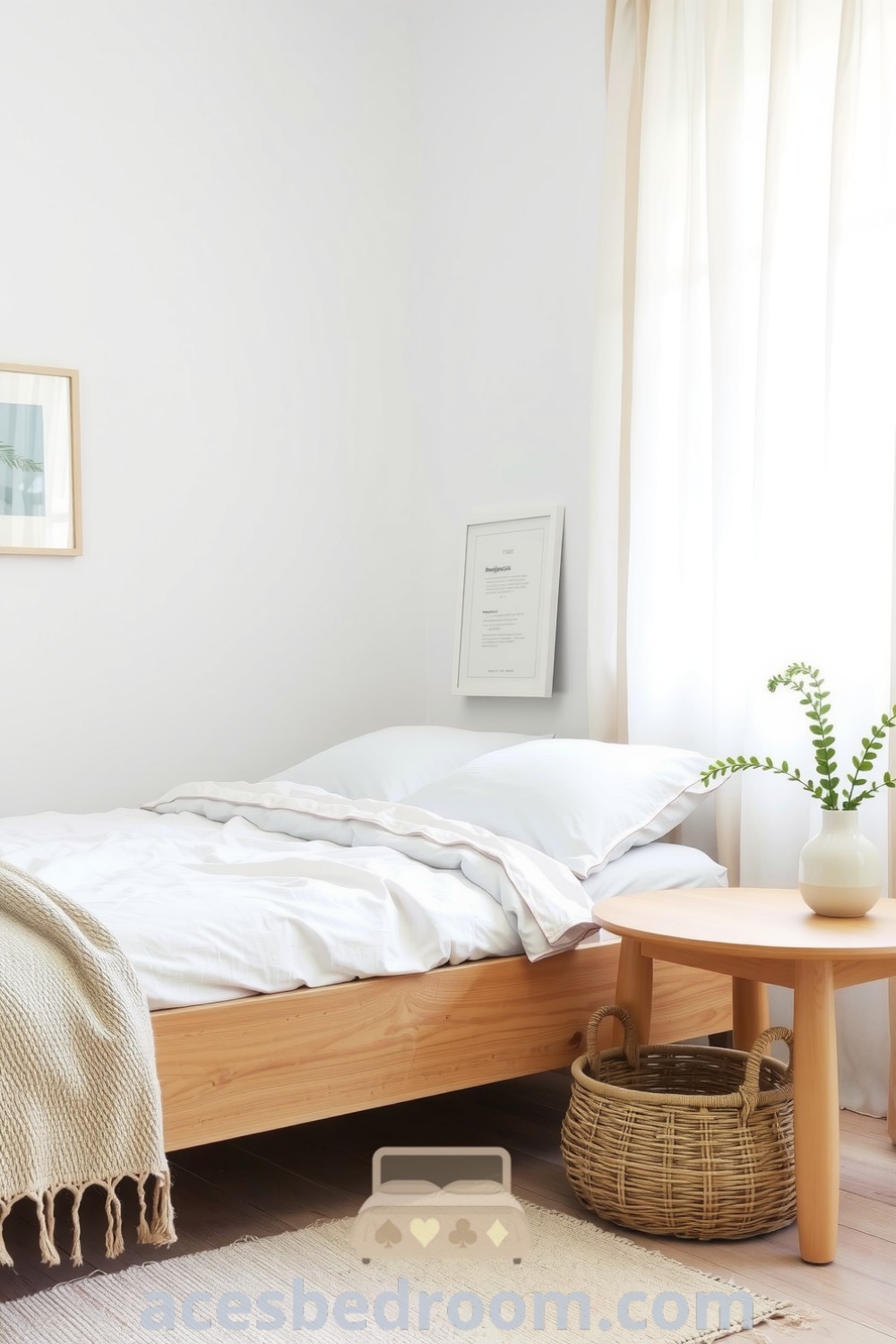 Cozy Japandi bedroom featuring light oak furniture, textured linens, and greenery, creating a serene atmosphere with soft light filtering through linen curtains, perfect for relaxation, showcased on acesbedroom.com.