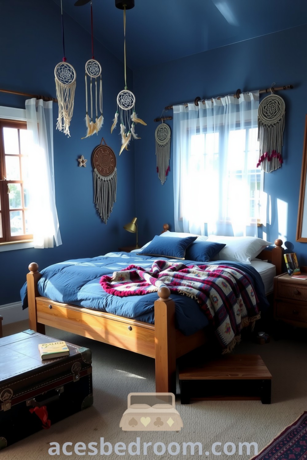 Cozy boho bedroom with calming blue tones, an indigo quilt on a rustic wooden bed, dreamcatchers, and macramé wall hangings, filled with colorful throws and books, creating an inviting atmosphere for relaxation, featured on acesbedroom.com.