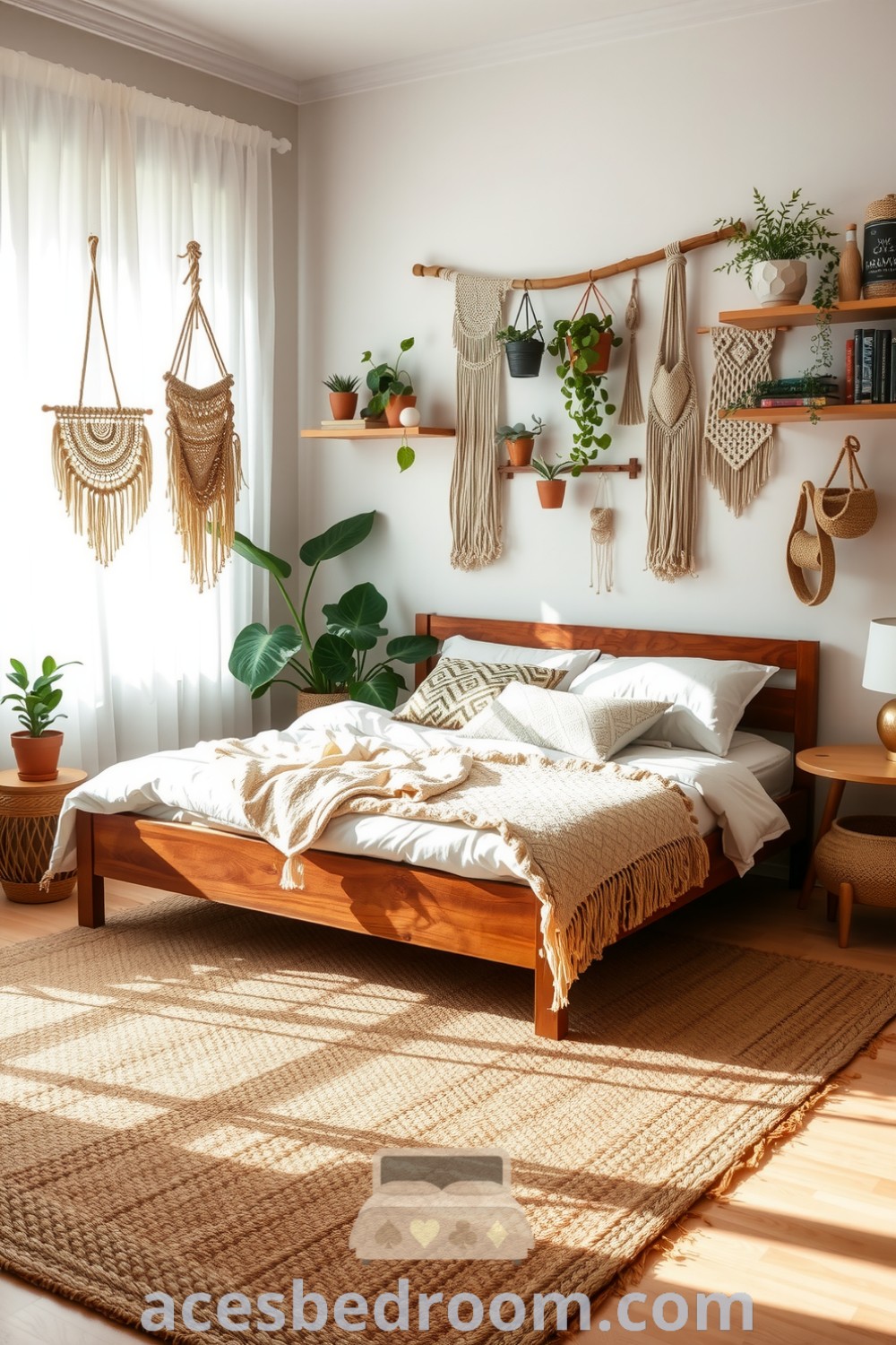 Cozy boho bedroom featuring soft sunlight through sheer curtains, layered textures with patterned throws and plush pillows, macramé wall hangings, potted plants, and a rustic jute rug, creating a warm and inviting atmosphere, showcased on acesbedroom.com.