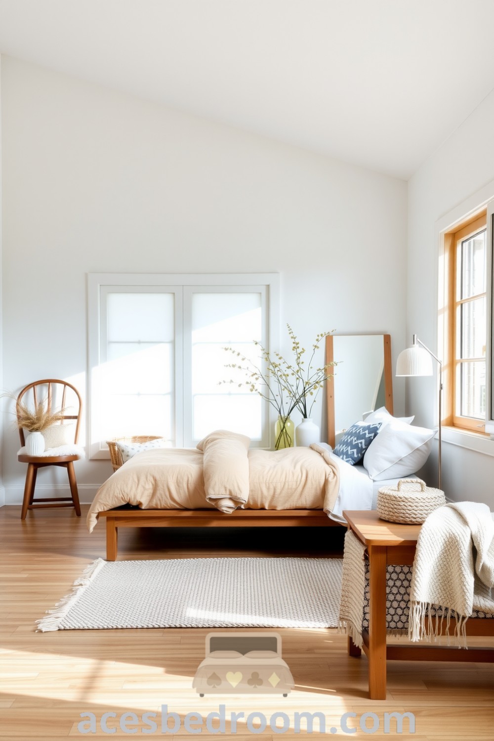 Cozy Scandinavian bedroom featuring white walls, light wood accents, neutral-toned duvet, low-profile bed, woven rug, and knit throws, creating a serene and inviting space, showcased on acesbedroom.com.