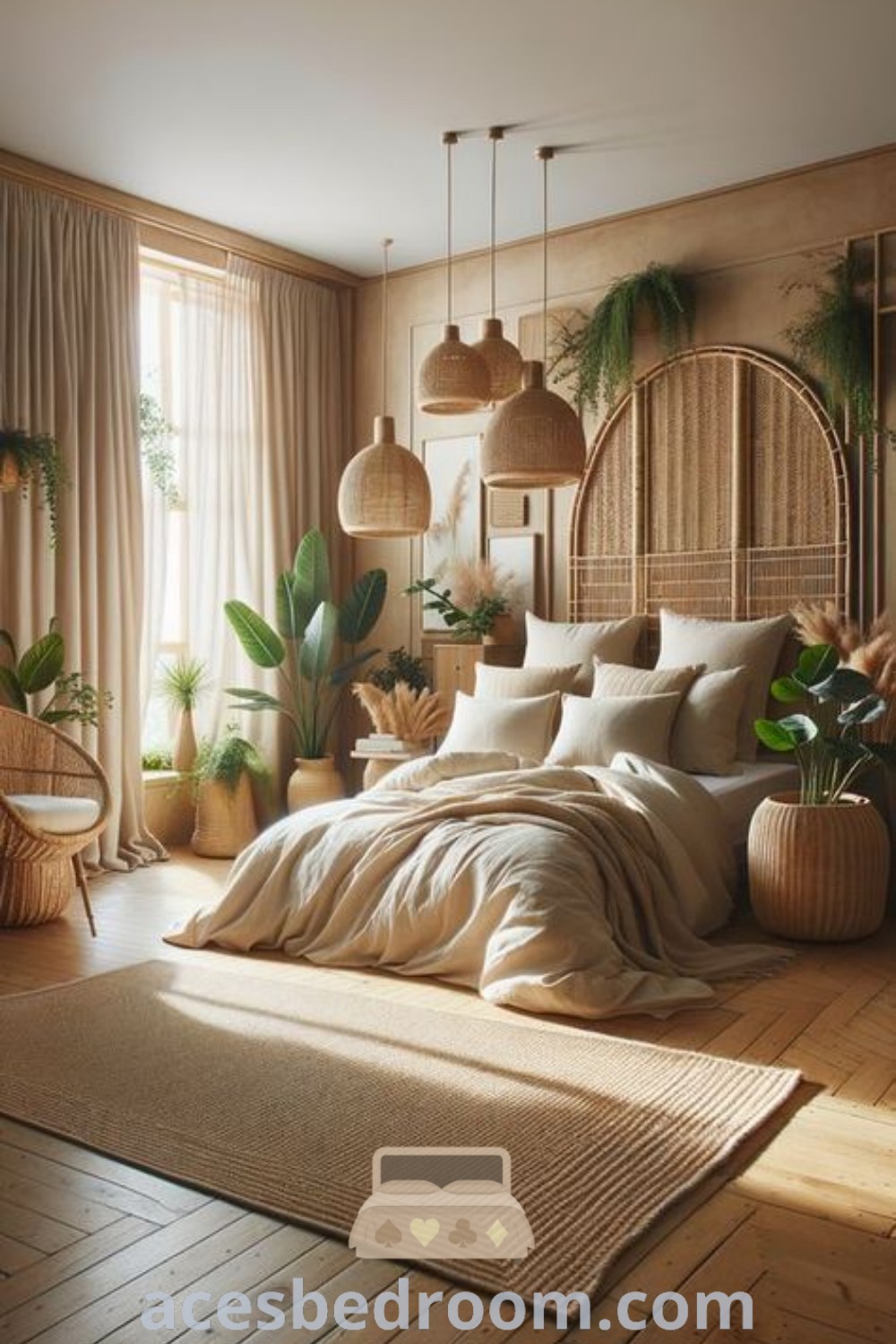 A cozy biophilic interior design bedroom featuring earthy tones, a jute bed, natural wood furniture, and a stylish jute rug, creating a warm and relaxing atmosphere. Explore more inspiring ideas for your home at acesbedroom.com.