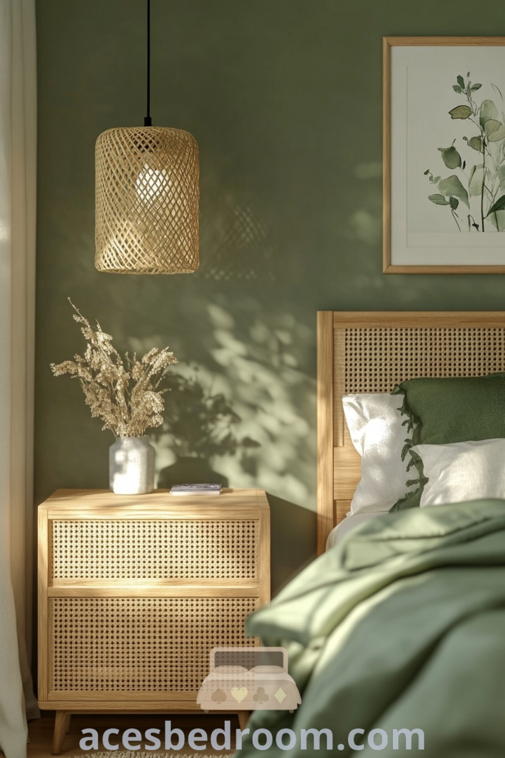 A cozy Scandinavian bedroom with green walls, wicker furniture, and plants creates an inviting atmosphere. This design exemplifies Boho Scandinavian and earthy interior styles, offering unique decor ideas and inspirations for creating a warm home. Explore more at acesbedroom.com.