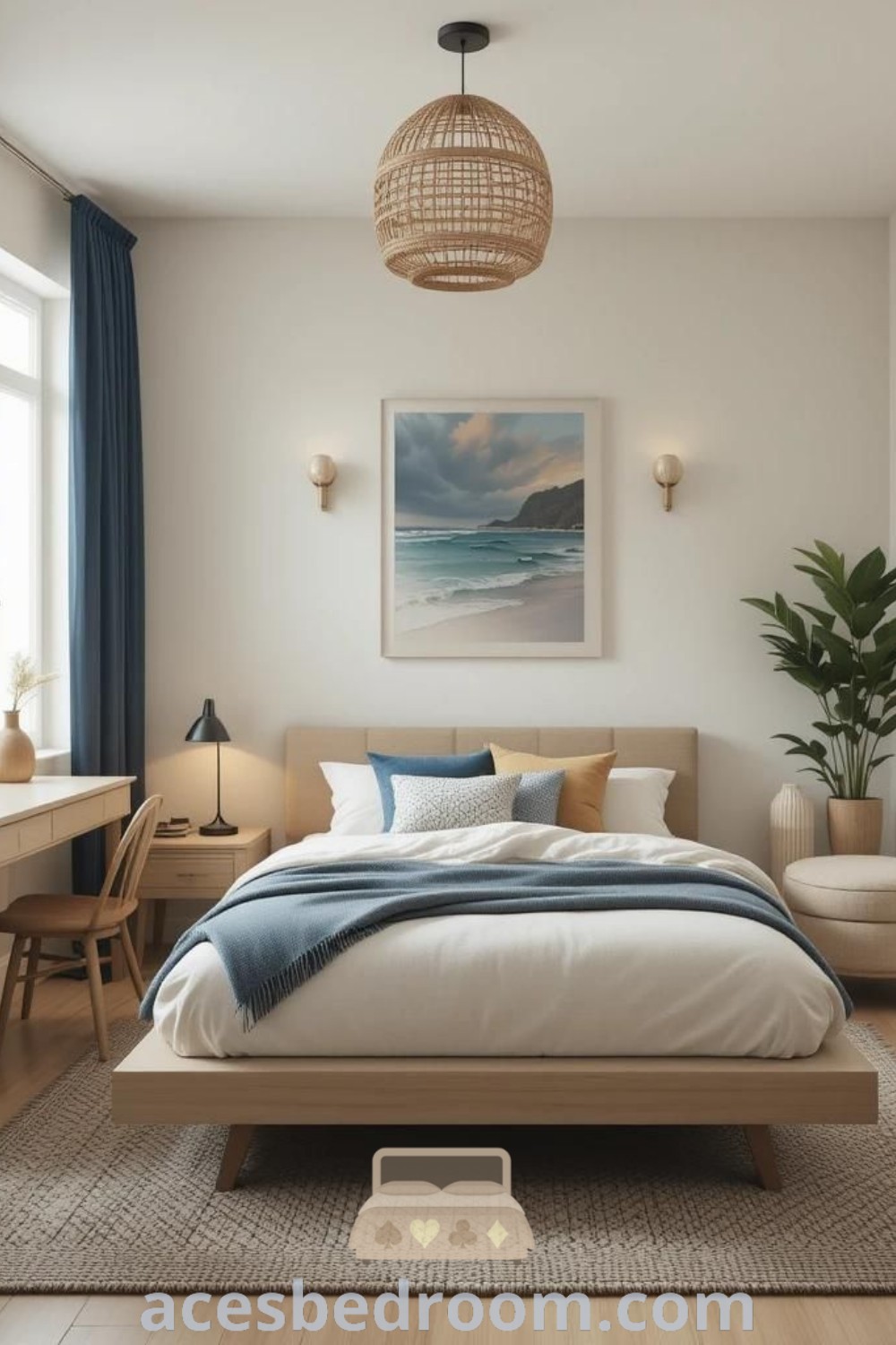 A neutral teenage bedroom featuring a cozy design with a wood headboard, trendy furniture, and an organized study area. This space exemplifies minimalist bedroom decor and offers stylish ideas for a modern interior. Find more inspiration and design ideas to create a warm and sophisticated look at acesbedroom.com.