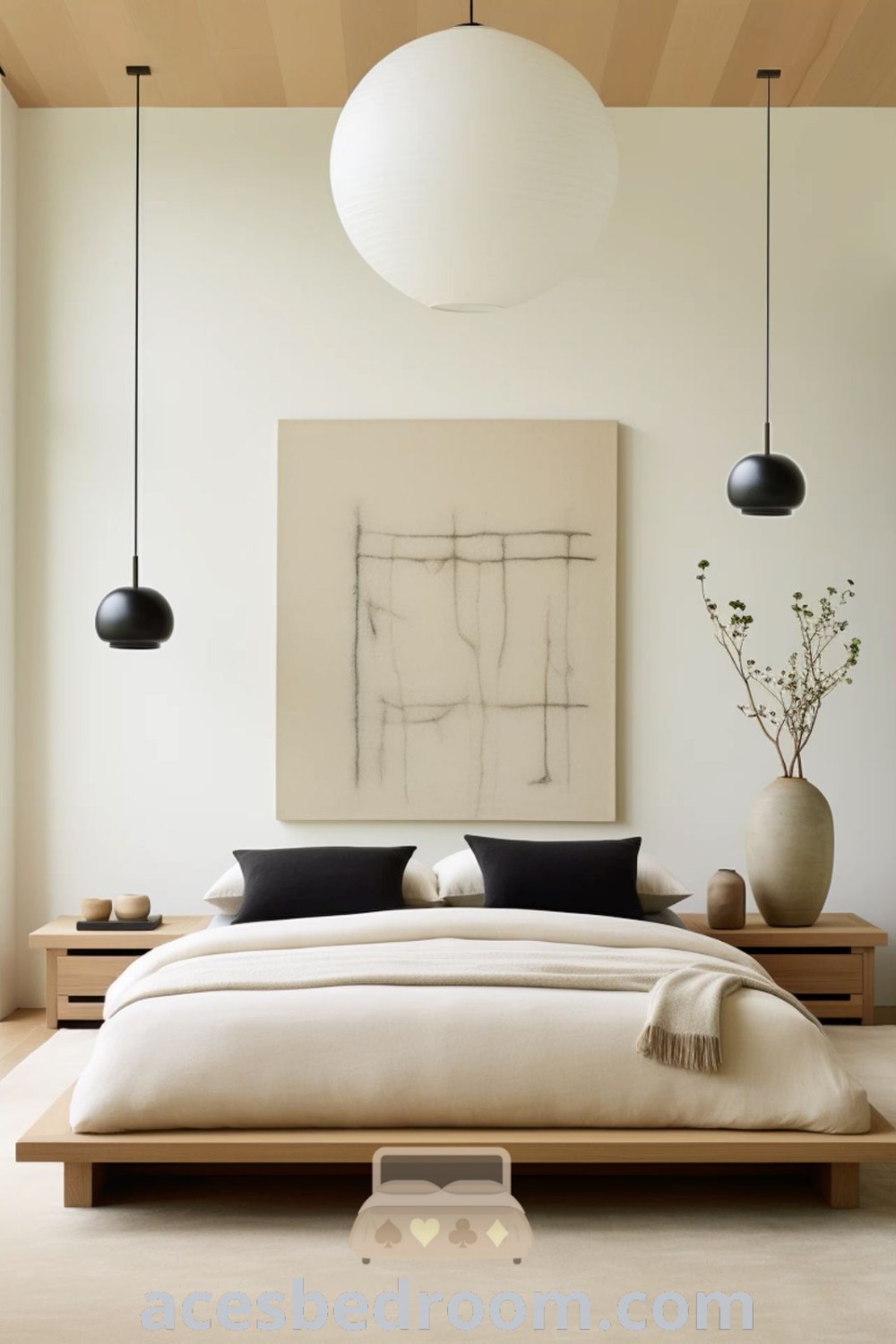 A minimalist Scandinavian bedroom with a large white bed next to black and white vases, showcasing simple and stylish decor ideas for a cozy home. Experience the calming effects of this modern design with inspiration from acesbedroom.com.