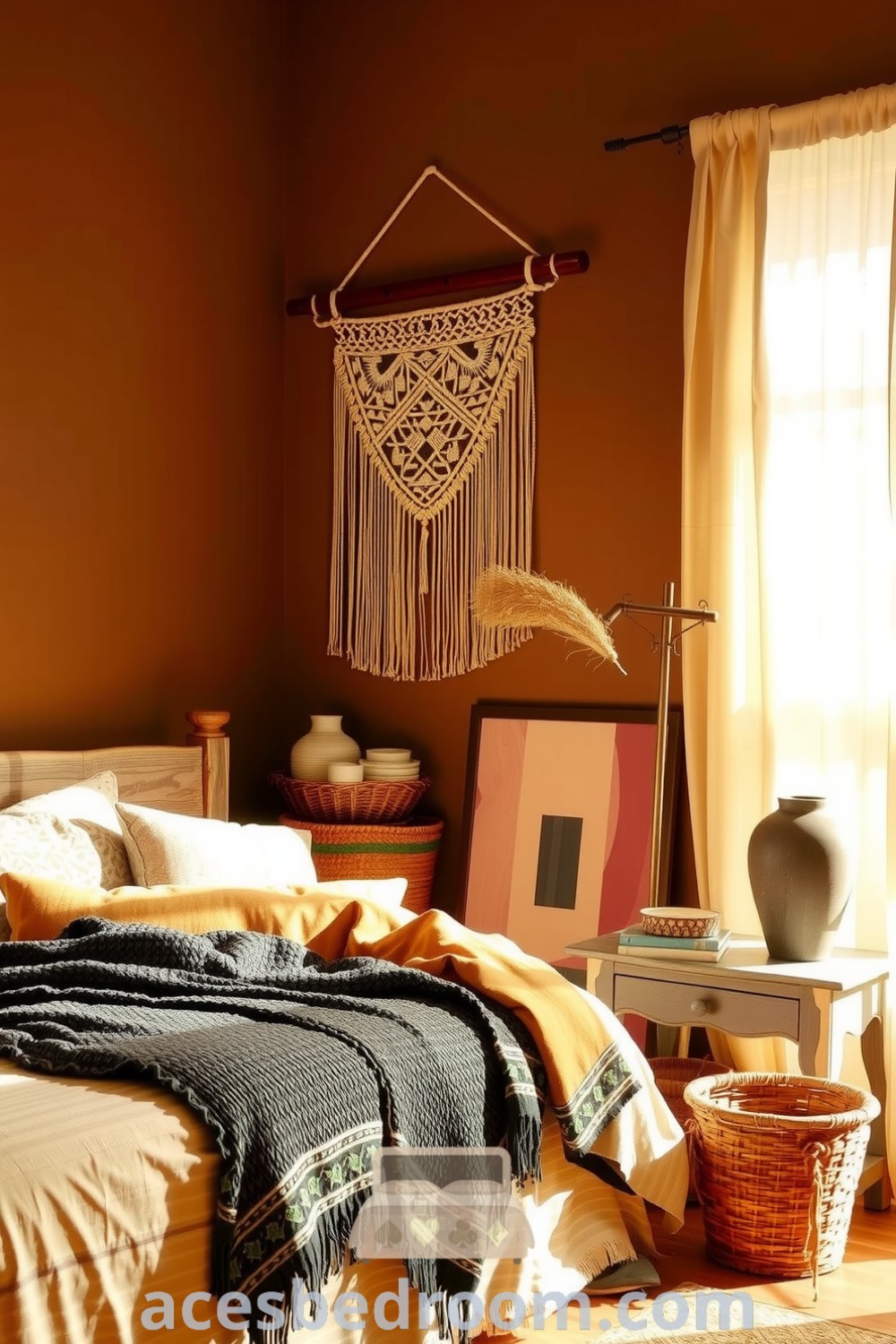Cozy boho bedroom featuring a handmade macramé wall hanging, rustic wooden bed frame, layered throws and cushions, woven basket, and a ceramic lamp casting a warm glow, illuminated by sunlight through sheer curtains, providing cozy design ideas for a warm and sophisticated look, showcased on acesbedroom.com.