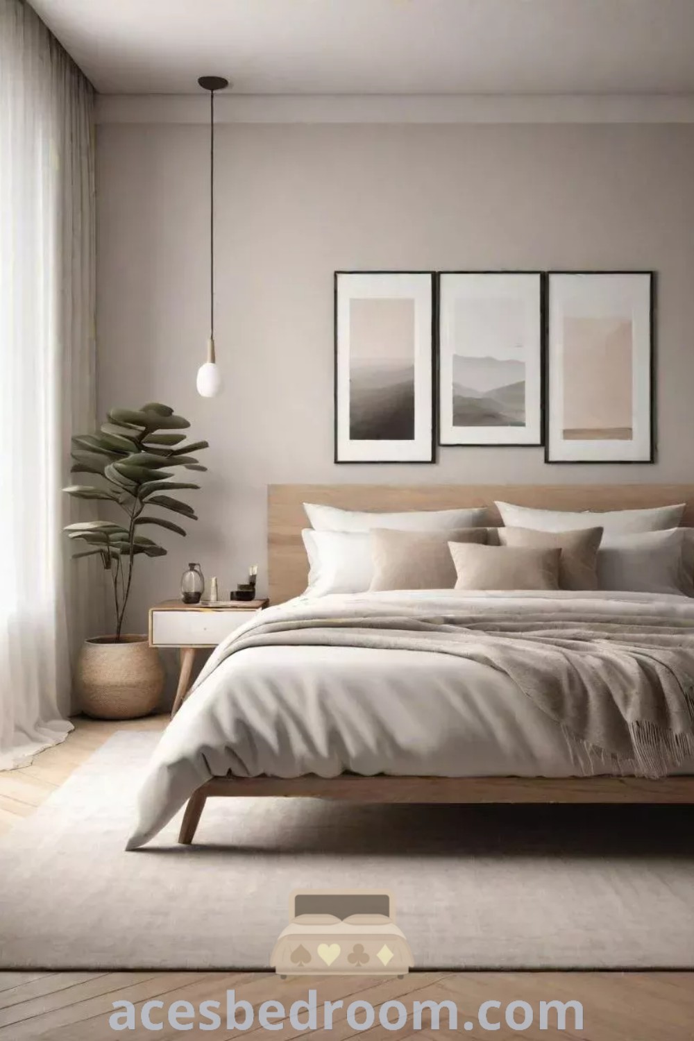 A cozy bedroom featuring a large bed next to two framed pictures on the wall, showcasing organic modern design ideas. Ideal for those seeking neutral bedroom inspirations, this space offers stylish decor solutions at acesbedroom.com.