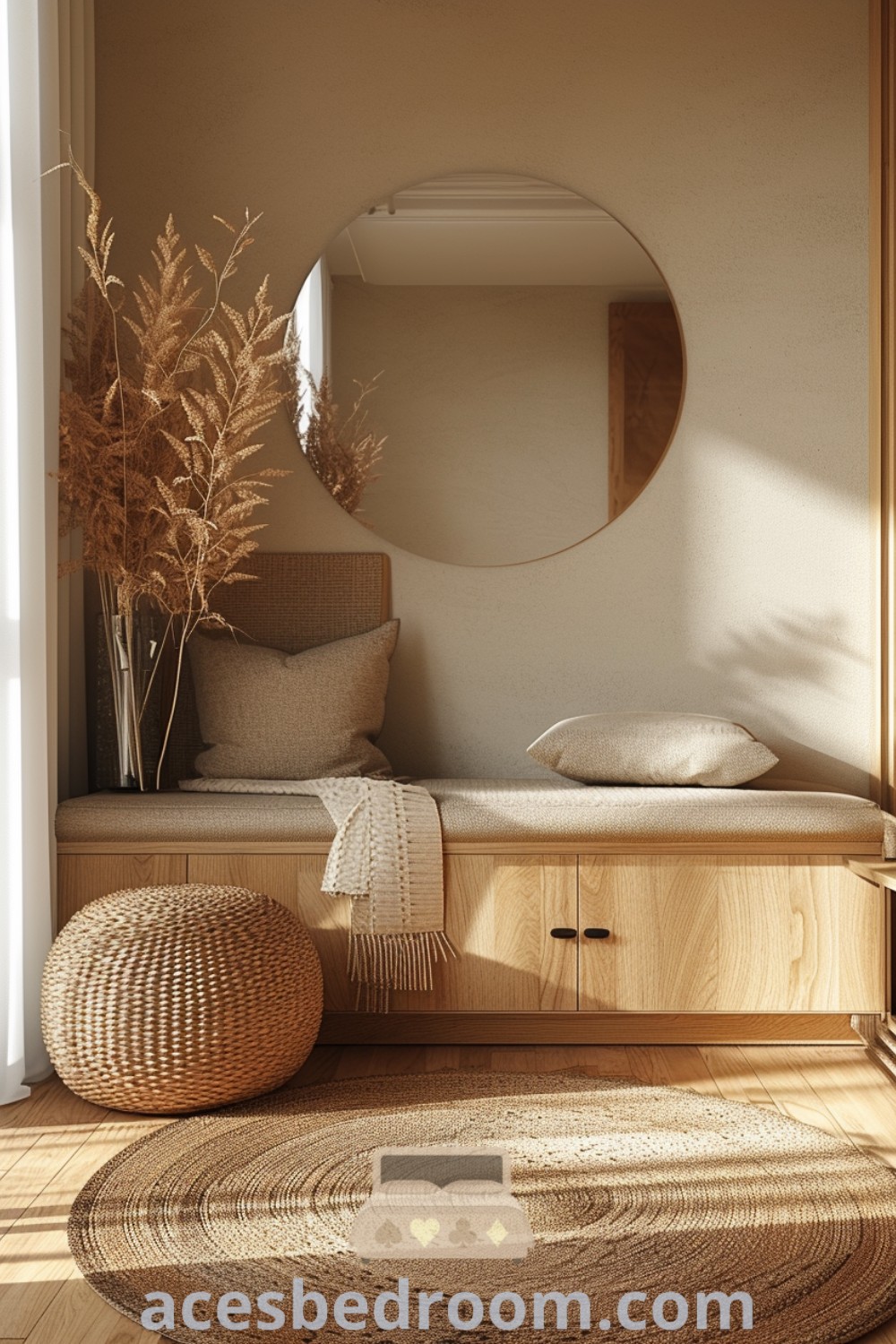 A cozy Japandi bedroom showcasing a round mirror on a wooden shelf next to a bed, embodying minimalist Japandi and modern cabin interior design ideas. This space offers inspiring decor ideas that promote calmness and stylish organization. Find more unique ideas for your home at acesbedroom.com.