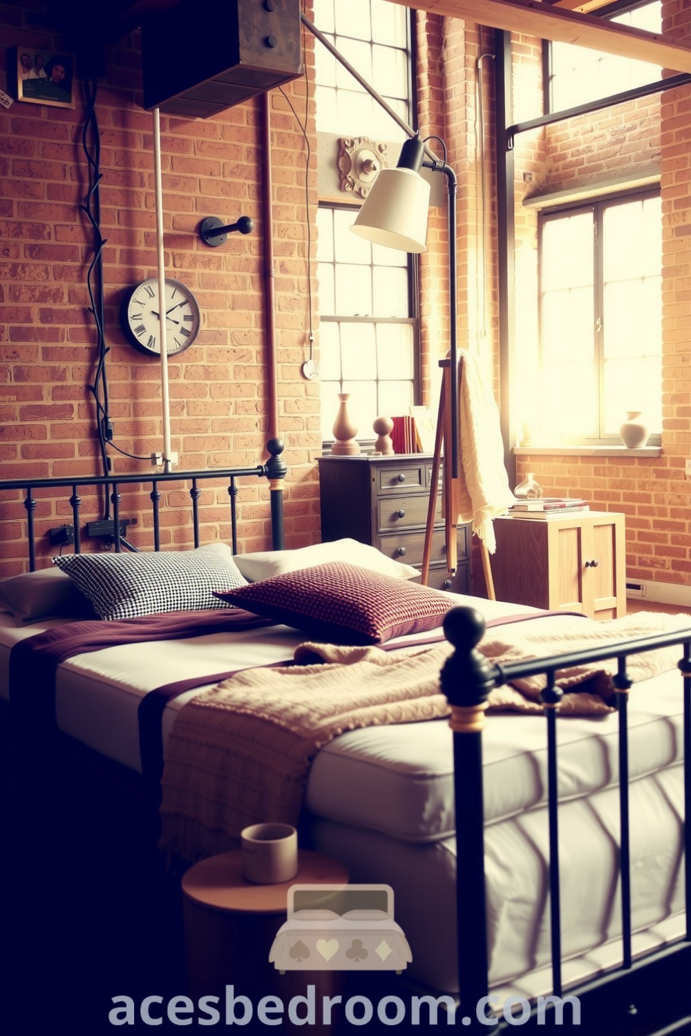 Cozy industrial bedroom featuring exposed brick walls, a metal bed frame with a woolen blanket, textured pillows, an antique wooden dresser, and a vintage floor lamp, illuminated by natural light from large windows, designed for a warm and sophisticated look, showcasing ideas for a cozy home on acesbedroom.com.