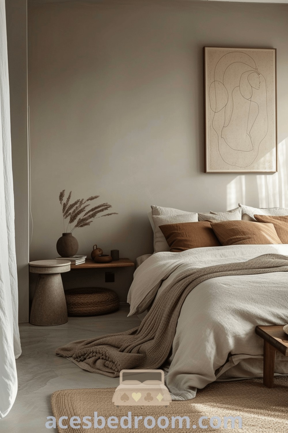 A cozy bedroom with white walls and a soothing palette of muted earth tones including grey, taupe, olive, and brown. The decor features stylish bedding and mid-century minimalist elements, providing unique design ideas for your home. Find inspiration for a warm and sophisticated look at acesbedroom.com.