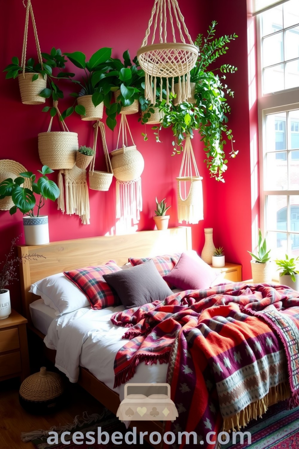 Cozy boho bedroom featuring rich red walls, a wooden bed with textured blankets and colorful throws, potted plants, woven baskets, and macramé hangers that create a warm atmosphere, showcased on acesbedroom.com.