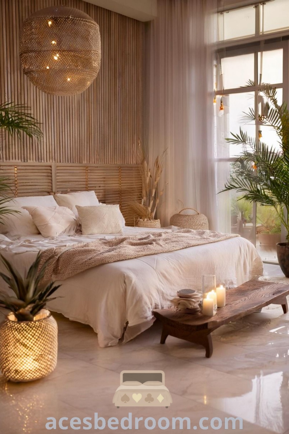 A cozy bedroom showcasing a large bed next to a table with candles in front of a window, reflecting an Island Bedroom aesthetic with warm earthy tones. This inviting space offers inspiring decor ideas for a tropical and Zen-inspired ambiance. Discover more unique ideas at acesbedroom.com.