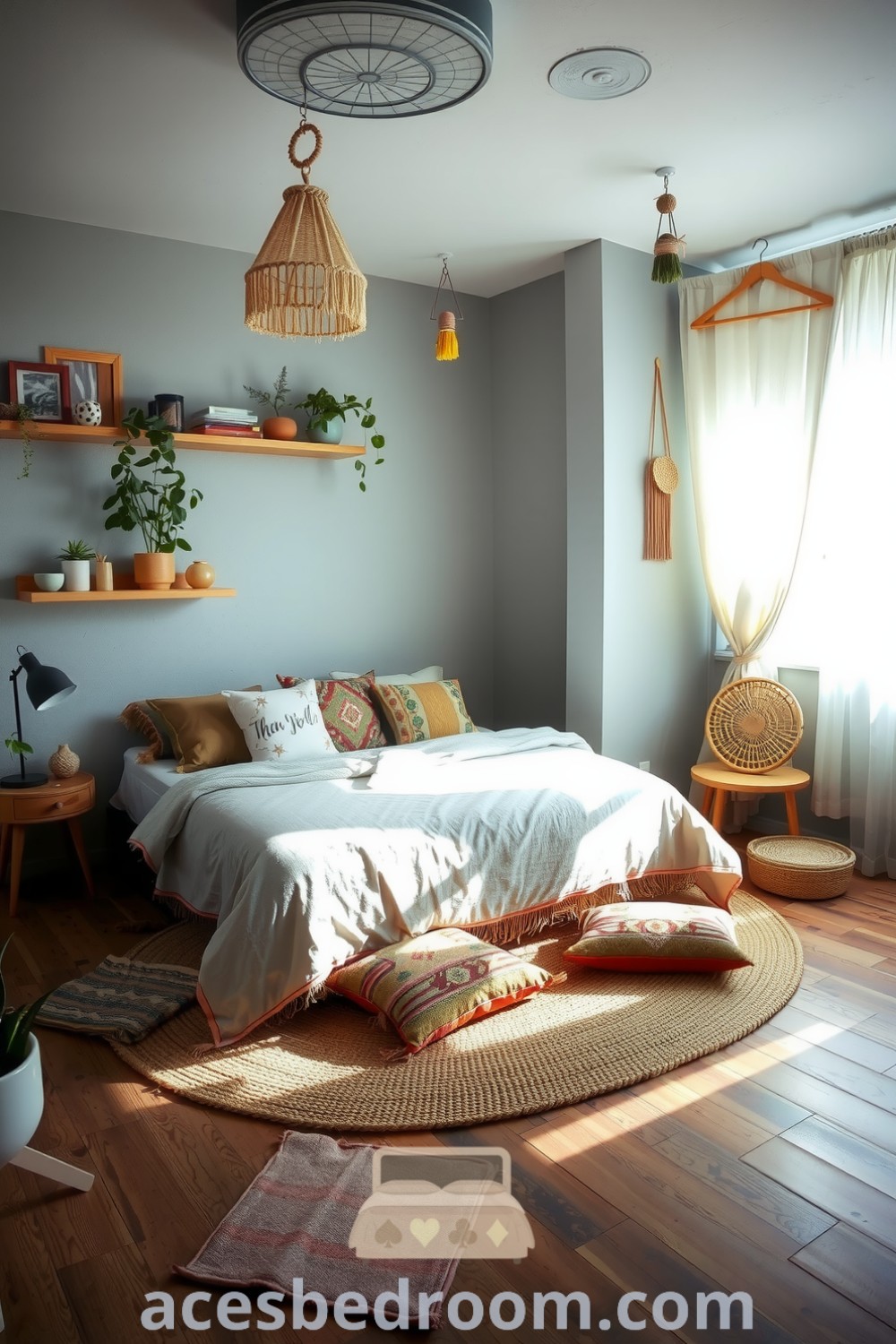Cozy boho bedroom featuring soothing grey hues, oversized bed with earthy cushions, wooden shelves with plants and trinkets, and billowy curtains for natural light, offering stylish decor ideas for a warm and sophisticated look, showcased on acesbedroom.com.