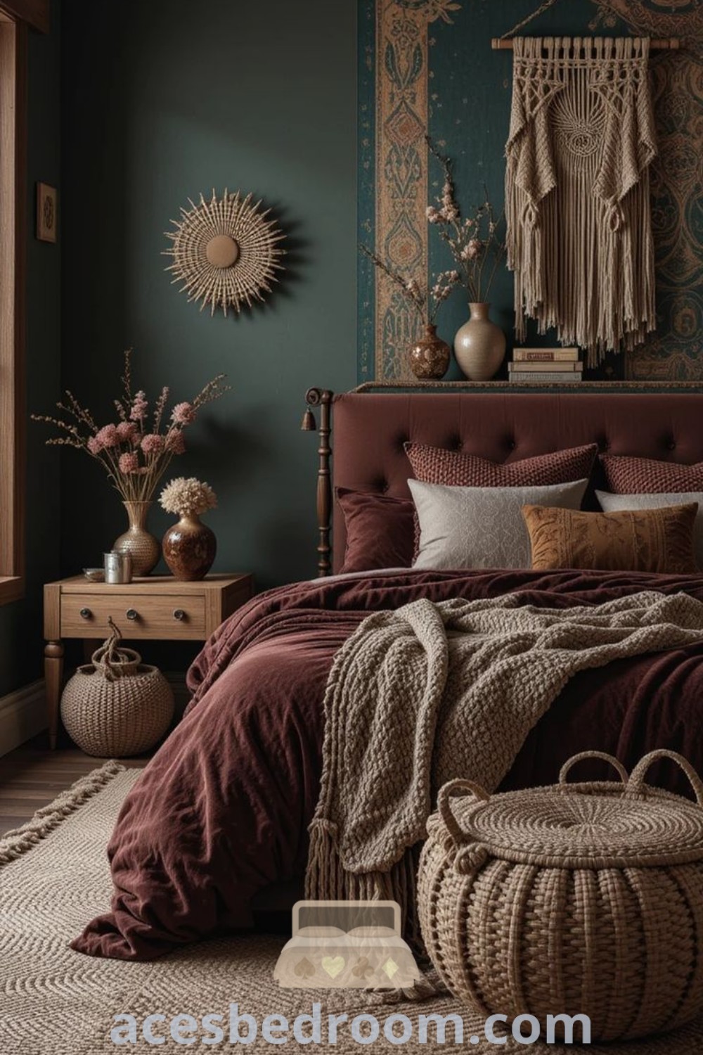 A sophisticated boho bedroom showcasing a gallery wall of abstract art in earthy tones, complemented by a rattan headboard. This dark earthy bedroom design captures moody French country aesthetics while providing cozy ideas for decor inspirations. Discover ideas for a warm and stylish bedroom transformation at acesbedroom.com.