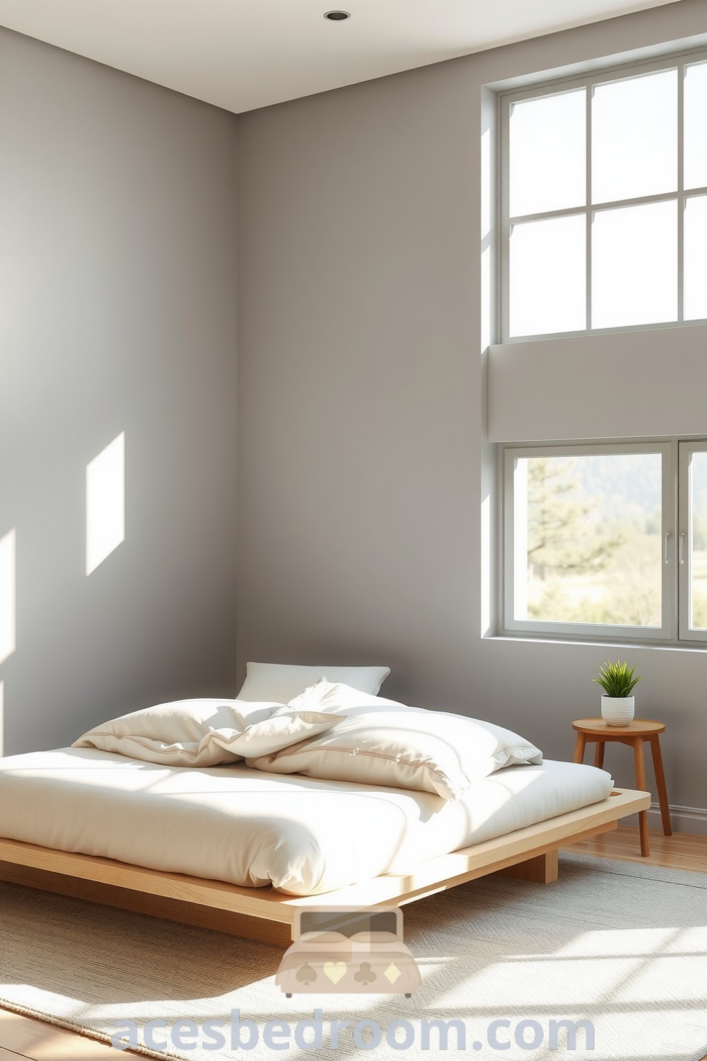 Cozy minimalist bedroom featuring muted grey walls, unvarnished wood platform bed, light textured bedding, and a potted plant, with sunlight filtering through large windows, showcasing inspiring decor ideas for a warm and sophisticated look, available on acesbedroom.com.