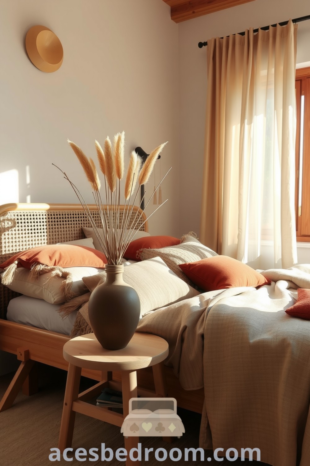 Cozy Japandi bedroom with warm brown tones, a rattan headboard, and light oak bed frame, layered with textured blankets and pillows, featuring a handmade ceramic vase with dried grasses, showcasing design ideas for a warm and sophisticated look, on acesbedroom.com.