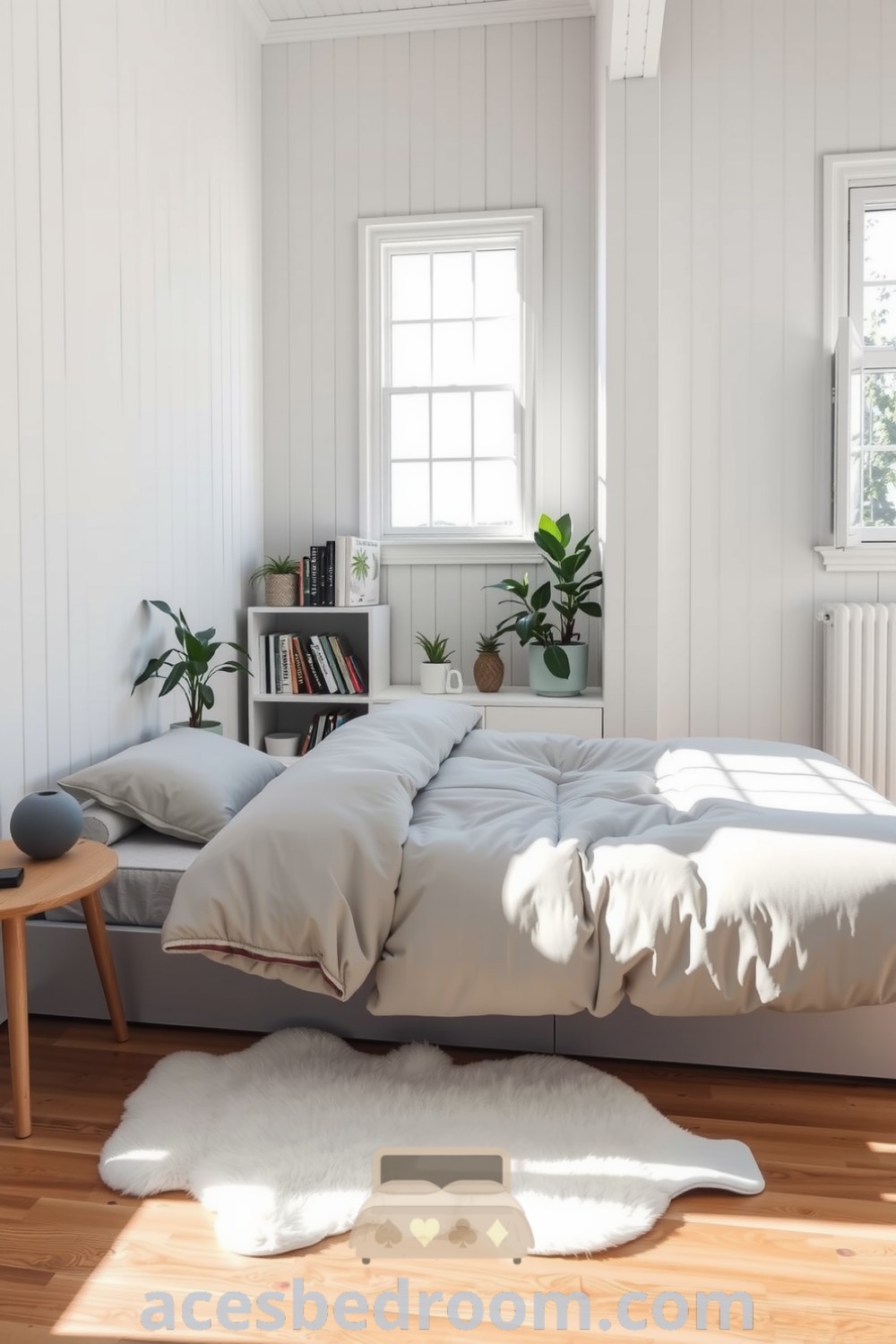 Cozy Scandinavian bedroom featuring pale wooden walls, a low-profile bed with a light grey duvet, a plush white sheepskin rug, curated books, and vibrant potted plants, creating a serene atmosphere for relaxation and inspiration, showcased on acesbedroom.com.