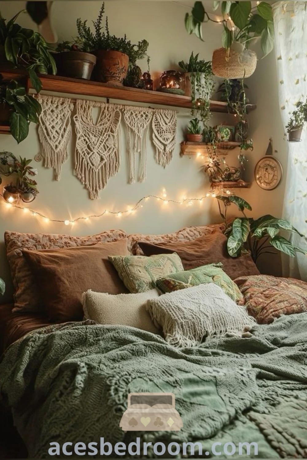 A cozy bedroom with a bed surrounded by lush plants and decorative lights on the wall, located in front of a window for natural light. This inspires unique decor ideas for a warm and inviting atmosphere, enhancing relaxation at acesbedroom.com.