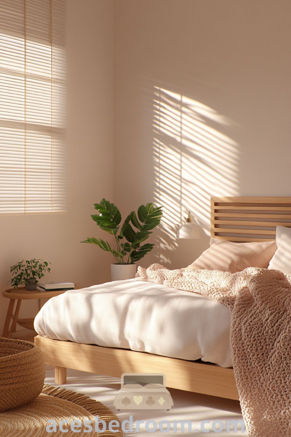 Cozy Scandinavian bedroom featuring soft pink walls, a light oak bed frame, and bedside tables, complemented by chunky knit throws, linen cushions, and indoor plants, creating inviting decor ideas for a warm and sophisticated look on acesbedroom.com.