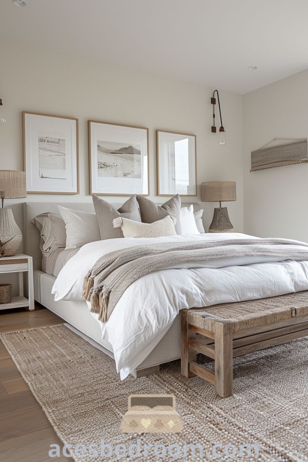 A cozy white bedroom set featuring a large bed on a wooden floor, complemented by two stylish lamps, showcasing a neutral bedroom decor that embodies coastal aesthetics. This inviting space offers inspiring ideas for your home. More cozy decor ideas at acesbedroom.com.