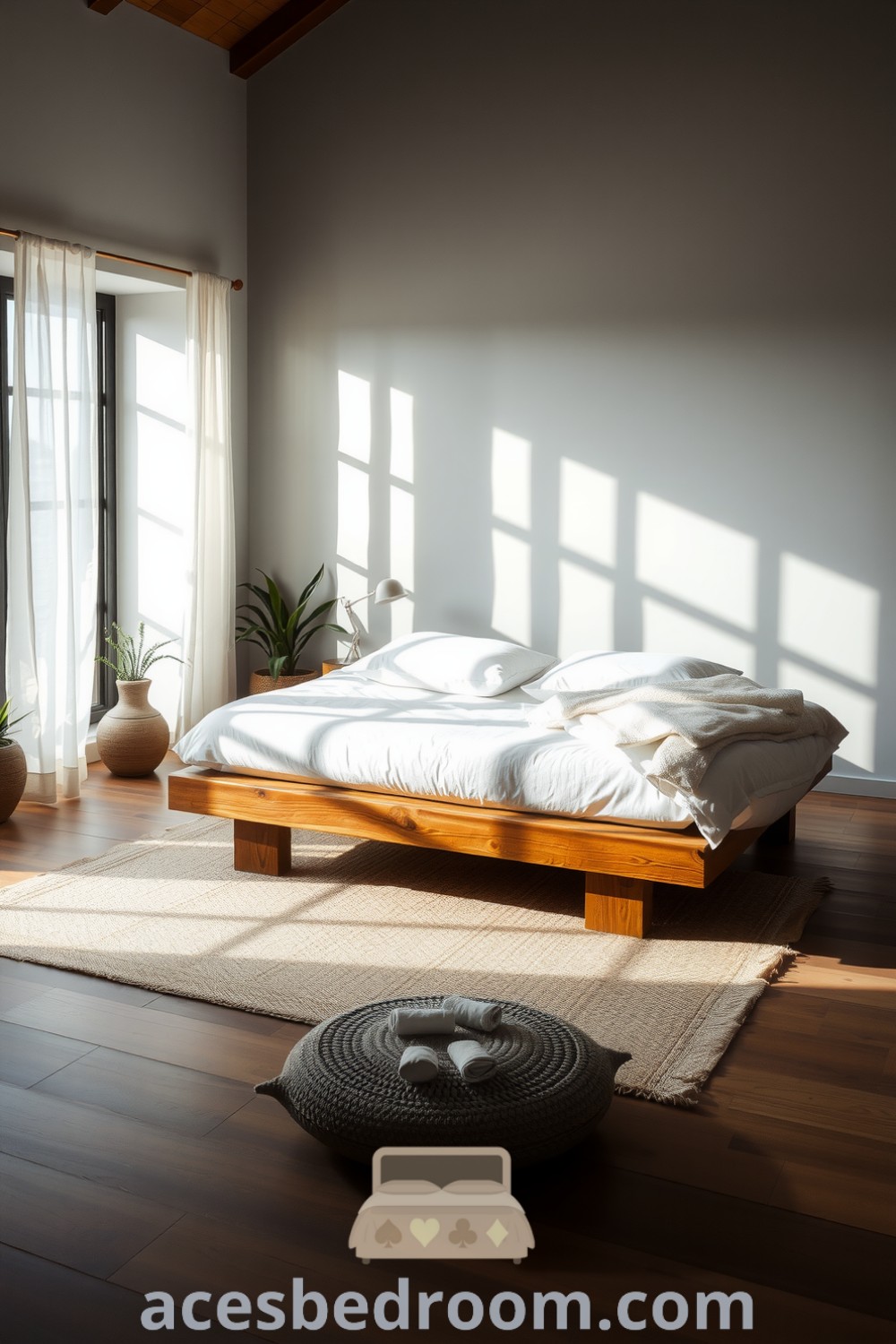 Cozy Japandi bedroom with soft grey walls, low-profile wooden bed, plush white bedding, sheer linen curtains, and handwoven rug, featuring potted plants for a warm and sophisticated look, showcased on acesbedroom.com.