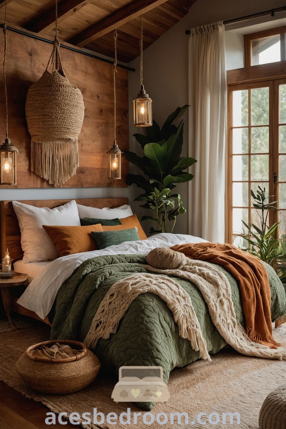 A cozy bedroom featuring a bed with sage green and rust blankets and pillows next to a window, showcasing design ideas for a mountain boho aesthetic. Explore unique decor inspirations for a warm and stylish atmosphere at acesbedroom.com.