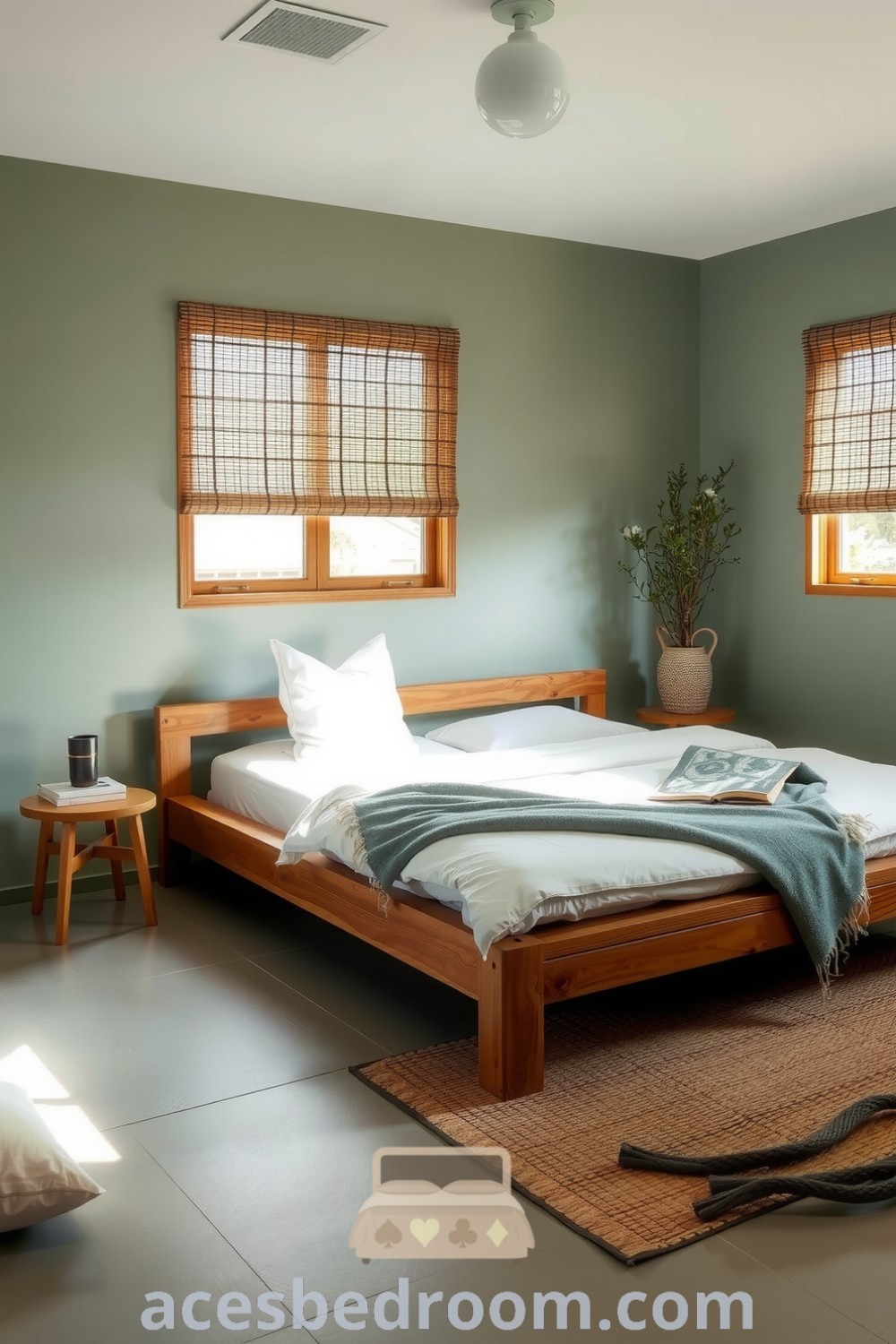 Cozy Japandi bedroom with soothing green shades, low-profile wooden bed, linen sheets, and a jute rug, designed to create a tranquil and warm atmosphere, featured on acesbedroom.com.