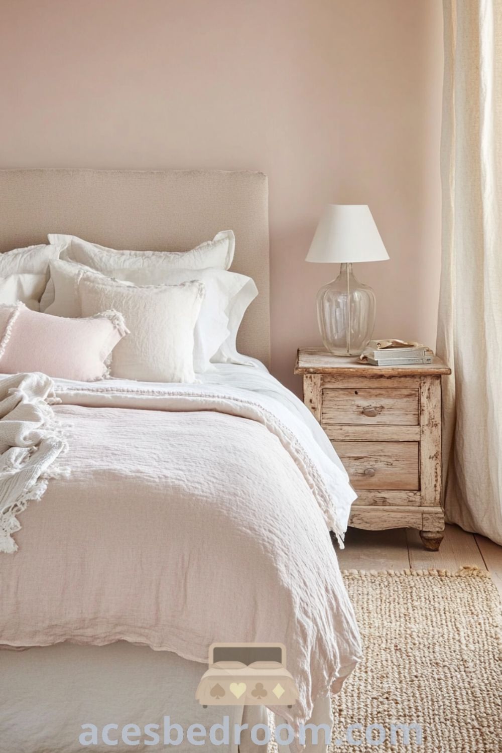 Cozy French country bedroom with soft pink walls, worn wooden furniture, plush bed dressed in creamy linen duvet and pale pillows, glass lamps on rustic nightstands, woven rug in muted tones, and warm afternoon sunlight filtering through sheer curtains, featured on acesbedroom.com.
