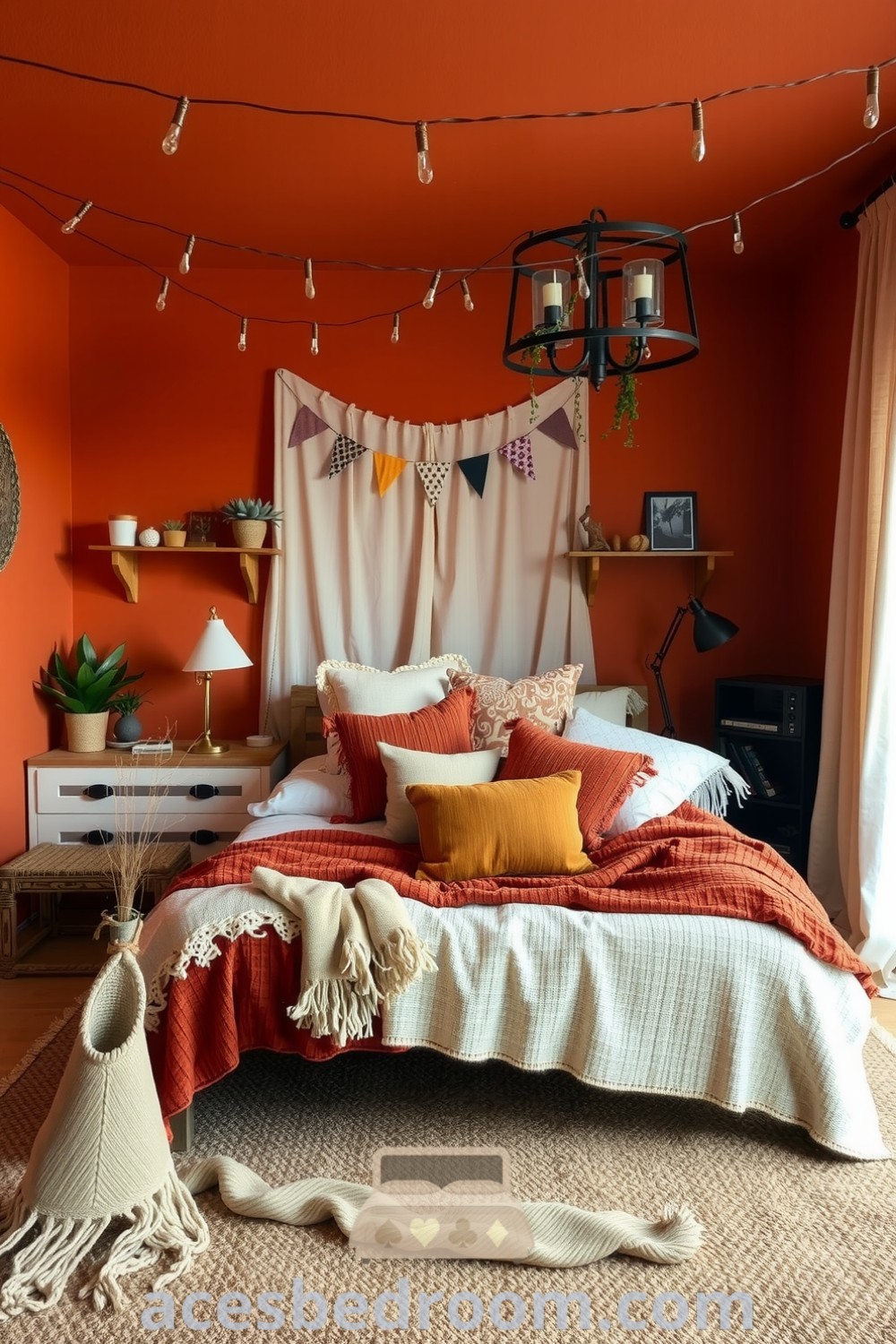 Cozy boho bedroom with sun-kissed orange walls, handcrafted wooden bed, textured blankets, vibrant pillows, twinkling fairy lights, potted succulents, and sheer curtains, providing cozy and inviting decor ideas for your home, showcased on acesbedroom.com.