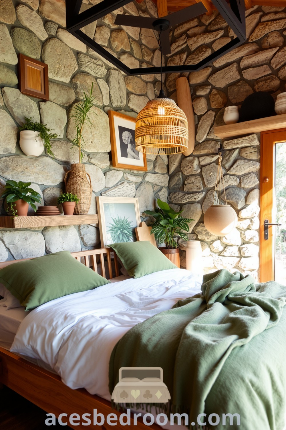 Cozy nature-inspired bedroom featuring a wall of rough-hewn stone, warm wooden furniture, layered organic cotton bedding in earthy greens and browns, small potted plants, and a woven pendant light, showcasing cozy ideas and decor inspirations for a tranquil home, found on acesbedroom.com.