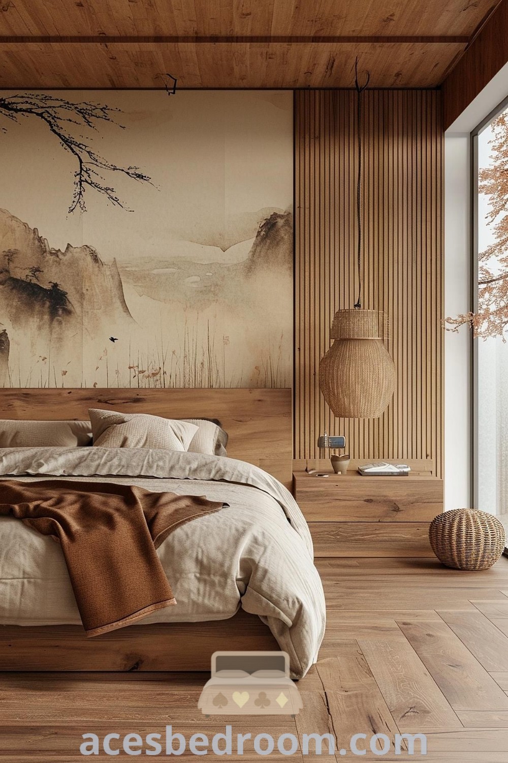 A large bed in a stunning Japandi bedroom showcasing elegant design ideas with a hardwood floor, blending Japanese interior design principles and cozy inspirations from acesbedroom.com. Discover unique decor ideas that enhance the calm and stylish essence of Japandi interiors.