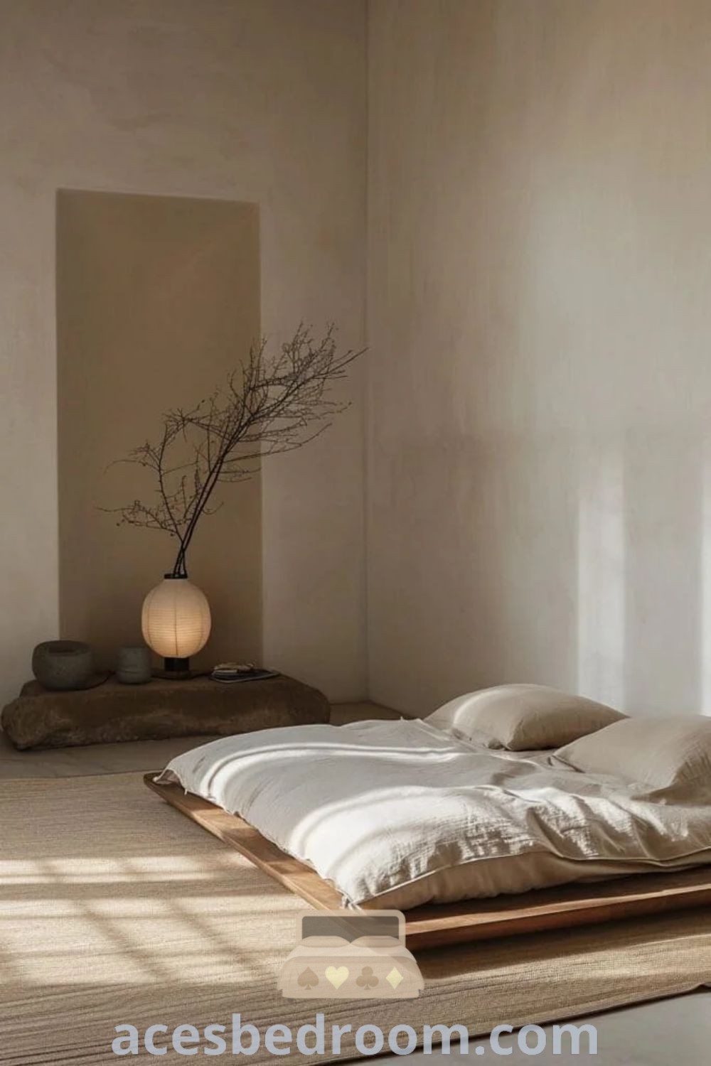 A cozy Japandi bedroom with a minimalist bed dressed in white sheets and pillows, creating a serene atmosphere. This design embodies Japanese minimalism and offers decor ideas for a warm, sophisticated look. Explore more inspirations for your home at acesbedroom.com.