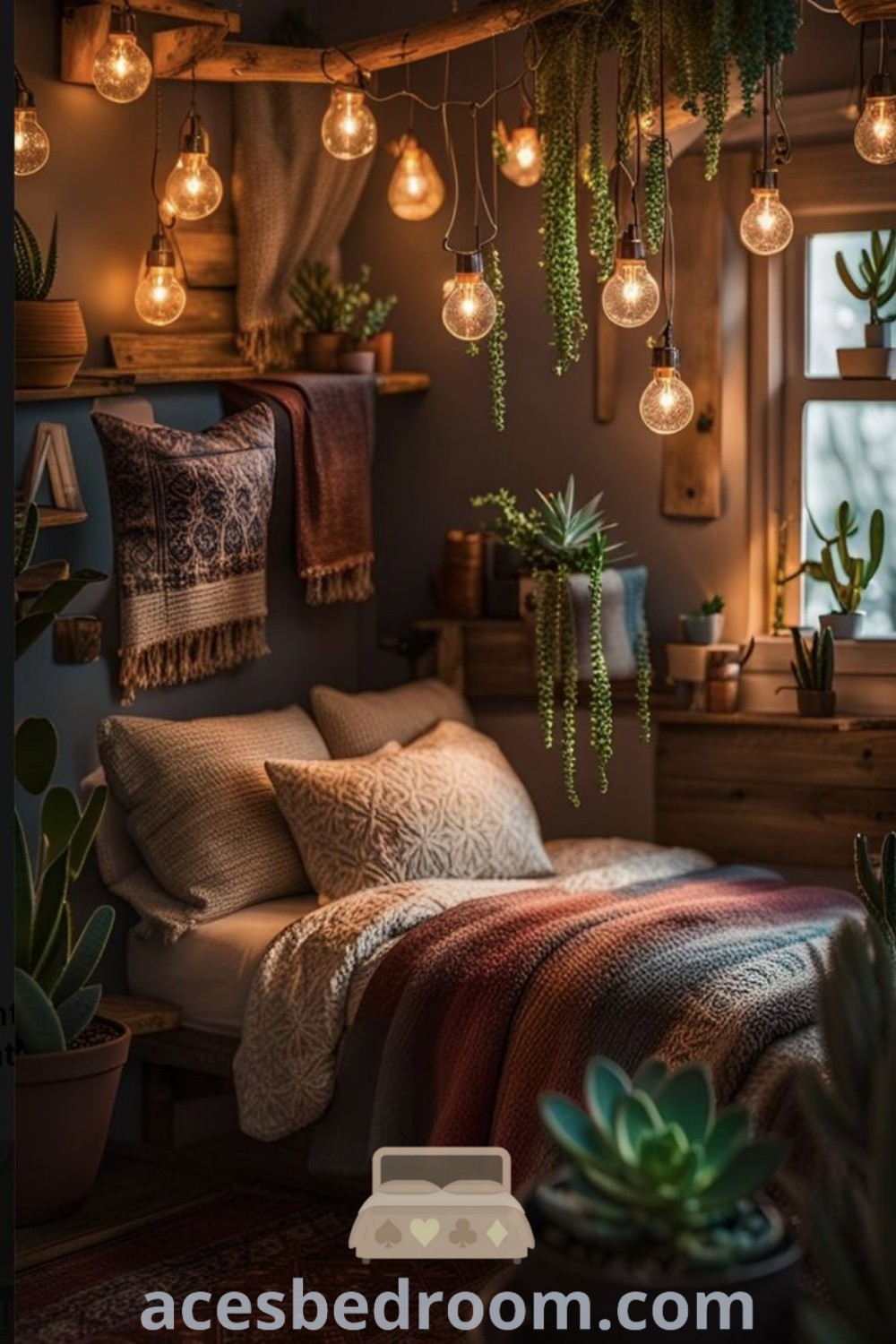 A cozy beachy bedroom featuring a wooden bed design, bohemian decor, and stylish apartment decoration ideas that create a warm and inviting atmosphere. Discover inspiring design ideas for your home at acesbedroom.com.