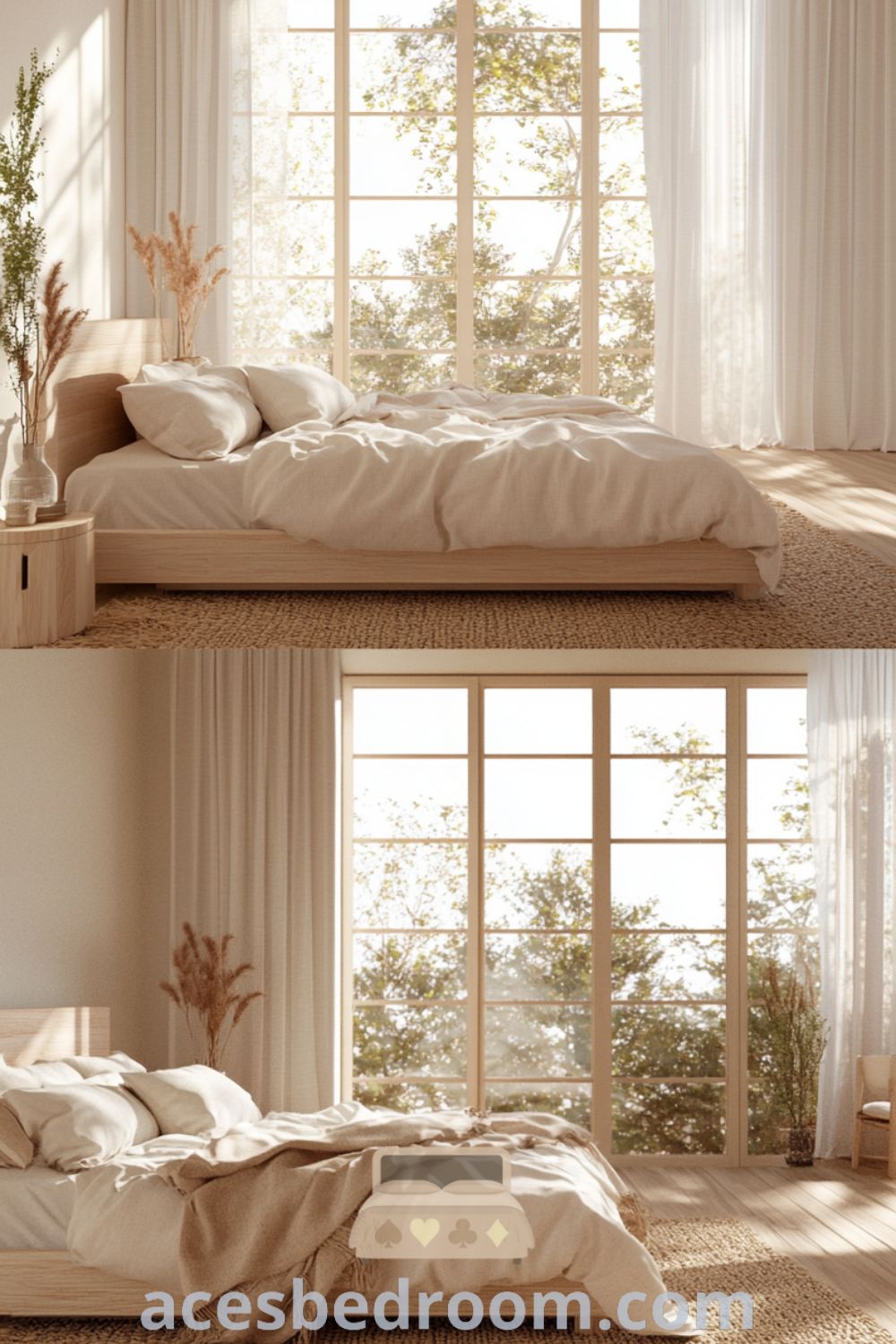 Cozy Scandinavian bedroom featuring soft pink walls, a light oak bed frame, plush cream bedding, jute rug, and hand-carved side tables, creating an inviting retreat with a warm and tranquil atmosphere, showcased on acesbedroom.com.