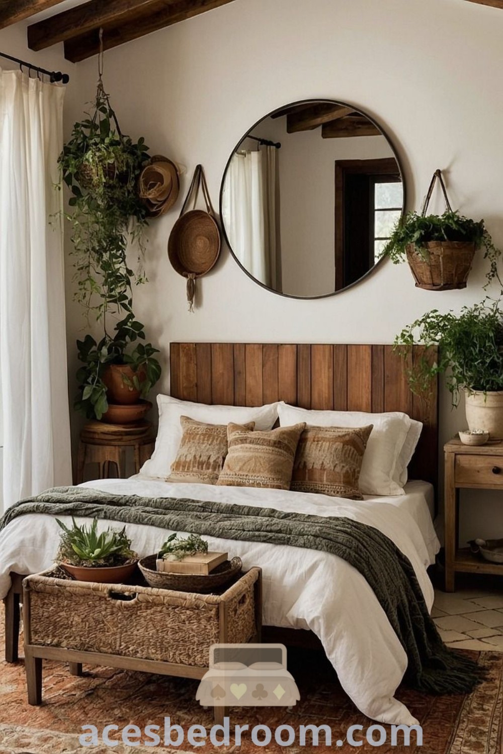 A cozy bedroom showcasing a bed beneath a round mirror, surrounded by potted plants on a stylish table. This imagery beautifully illustrates the trendy greenery bedroom aesthetic, providing design ideas for a warm and sophisticated look. Explore more inspirations for boho bedroom designs at acesbedroom.com.