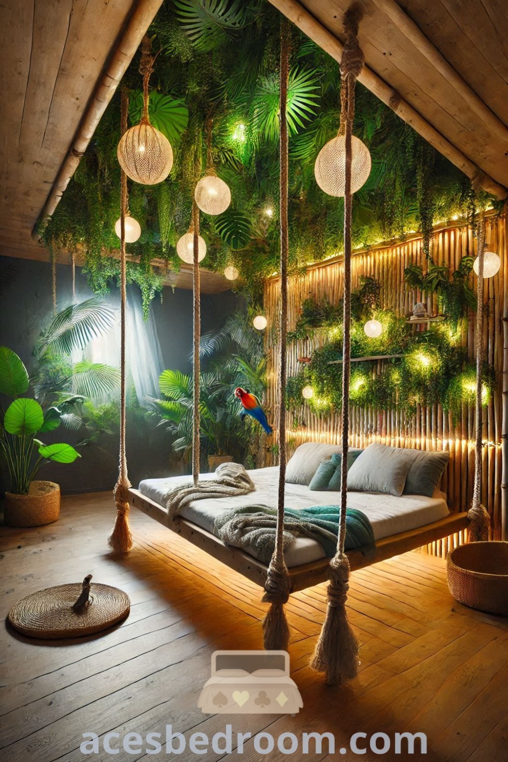 A cozy jungle-themed bedroom with green plants and decorative lights hanging from wooden beams, presented by acesbedroom.com. This rainforest-inspired room showcases stylish decor ideas and inspirations that promote a warm and sophisticated look, perfect for a calming and inviting home environment.