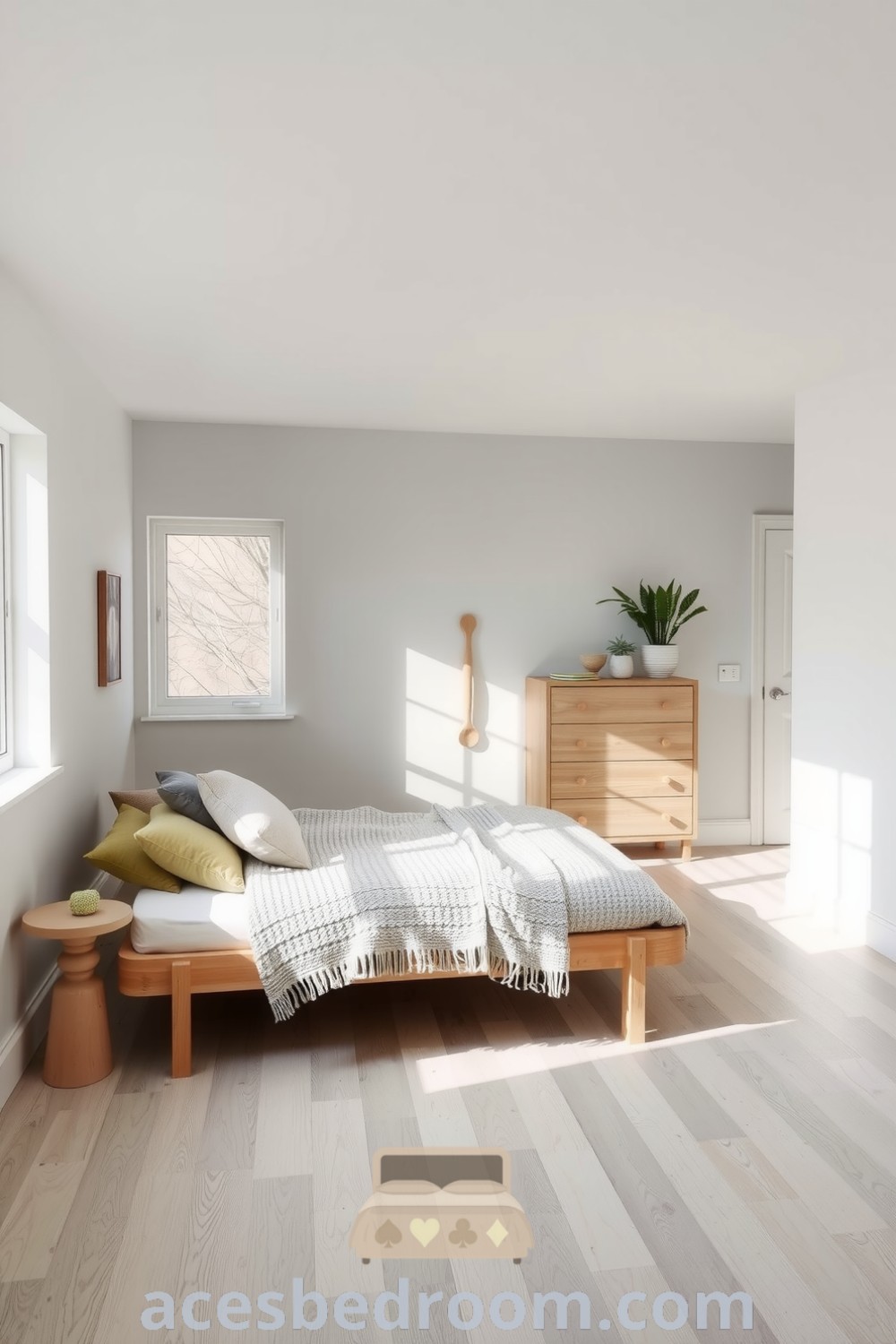 Cozy Scandinavian bedroom with pale wood floors, soft gray walls, wooden bed dressed with chunky knits and pastel cushions, large windows, and potted plants, providing inspiring decor ideas for a serene and inviting home, showcased on acesbedroom.com.