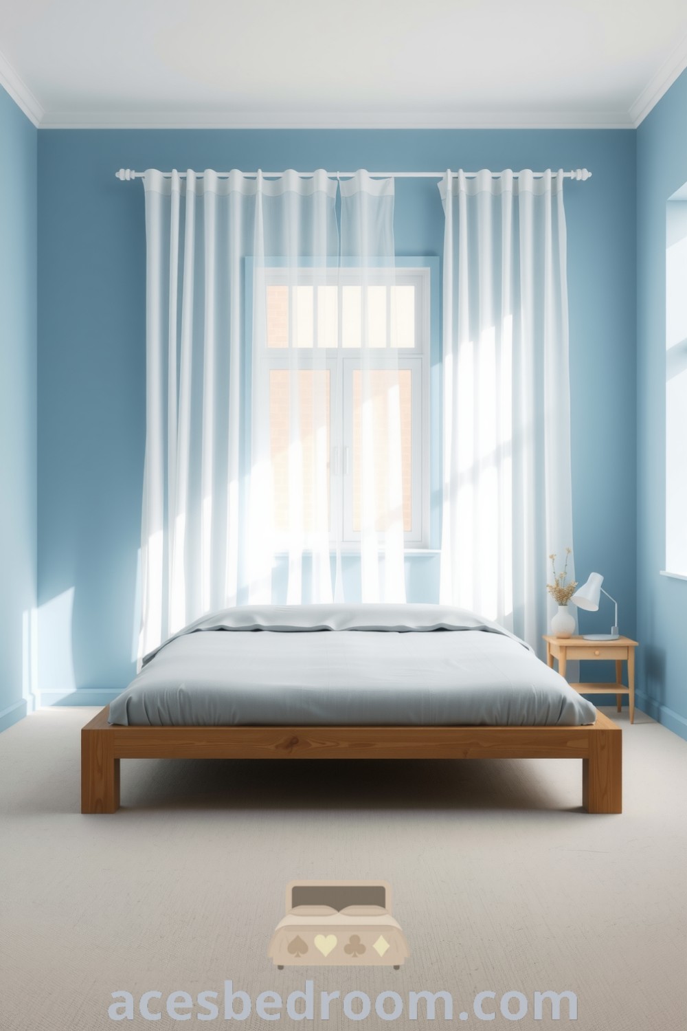 Cozy minimalist bedroom with soft blue walls, low-profile wooden platform bed, light gray duvet, and a wooden nightstand with dried flowers, illuminated by natural light through sheer curtains, featured on acesbedroom.com.