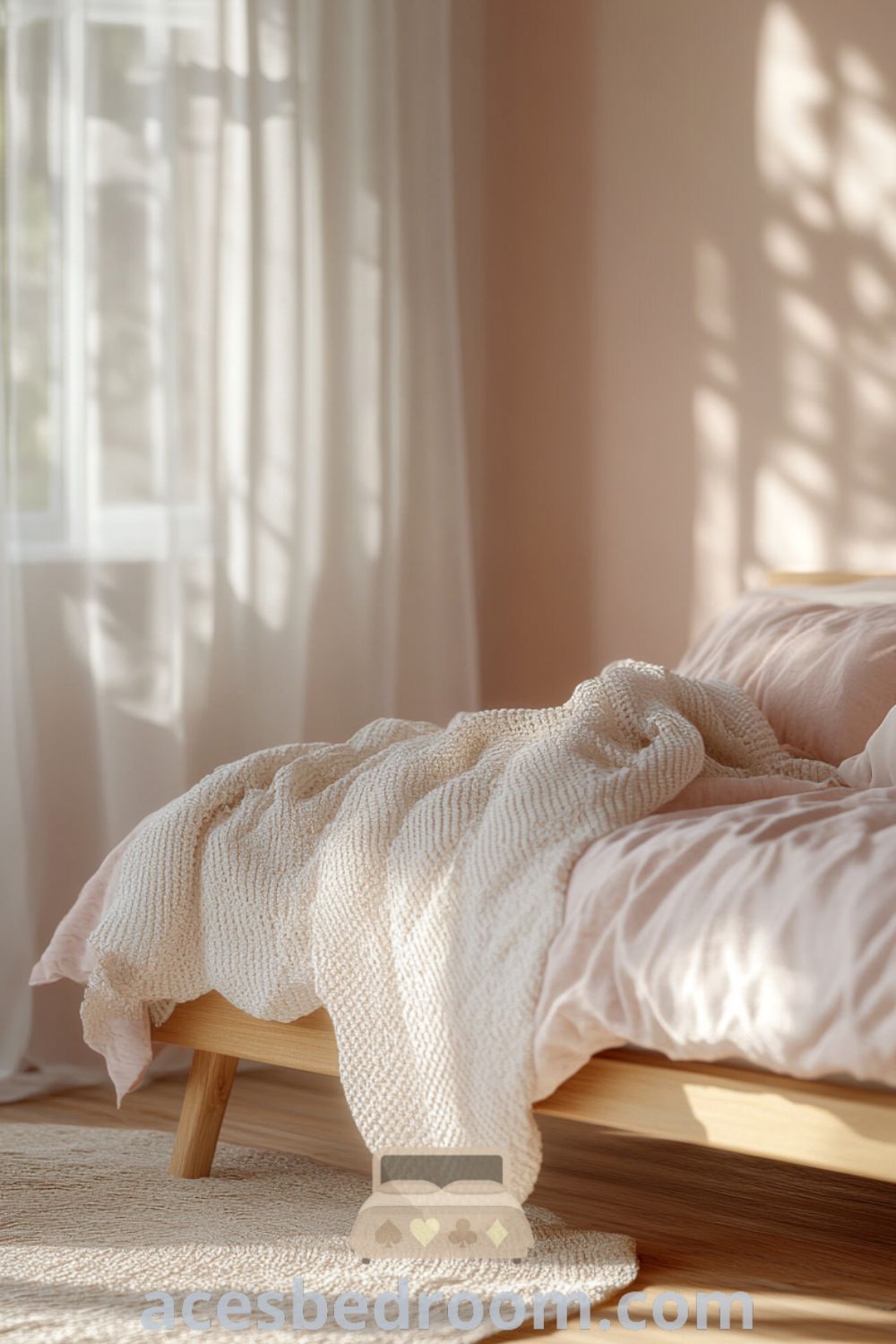 Cozy Scandinavian bedroom with soft pink walls, a minimalist wooden bed, cream plush blanket, blush pillows, and large windows illuminating light-toned wooden flooring, presented on acesbedroom.com.