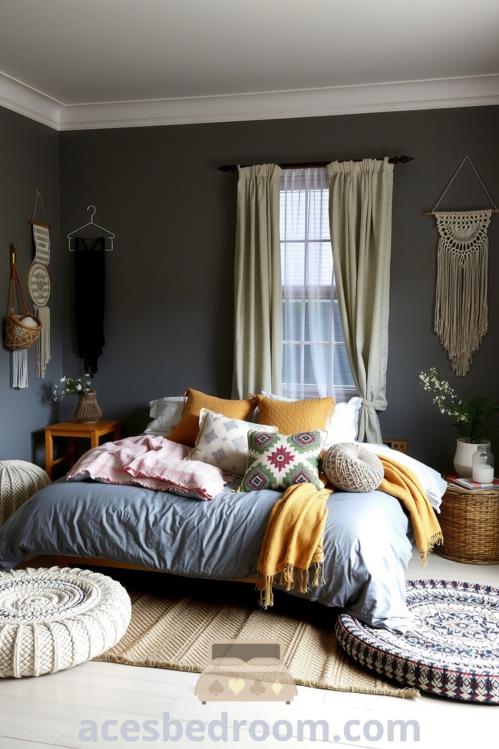 Cozy boho bedroom featuring a calming grey palette, low wooden bed frame, mismatched pillows, macramé wall hangings, and a woven rug that creates a warm and inviting atmosphere, showcased on acesbedroom.com.