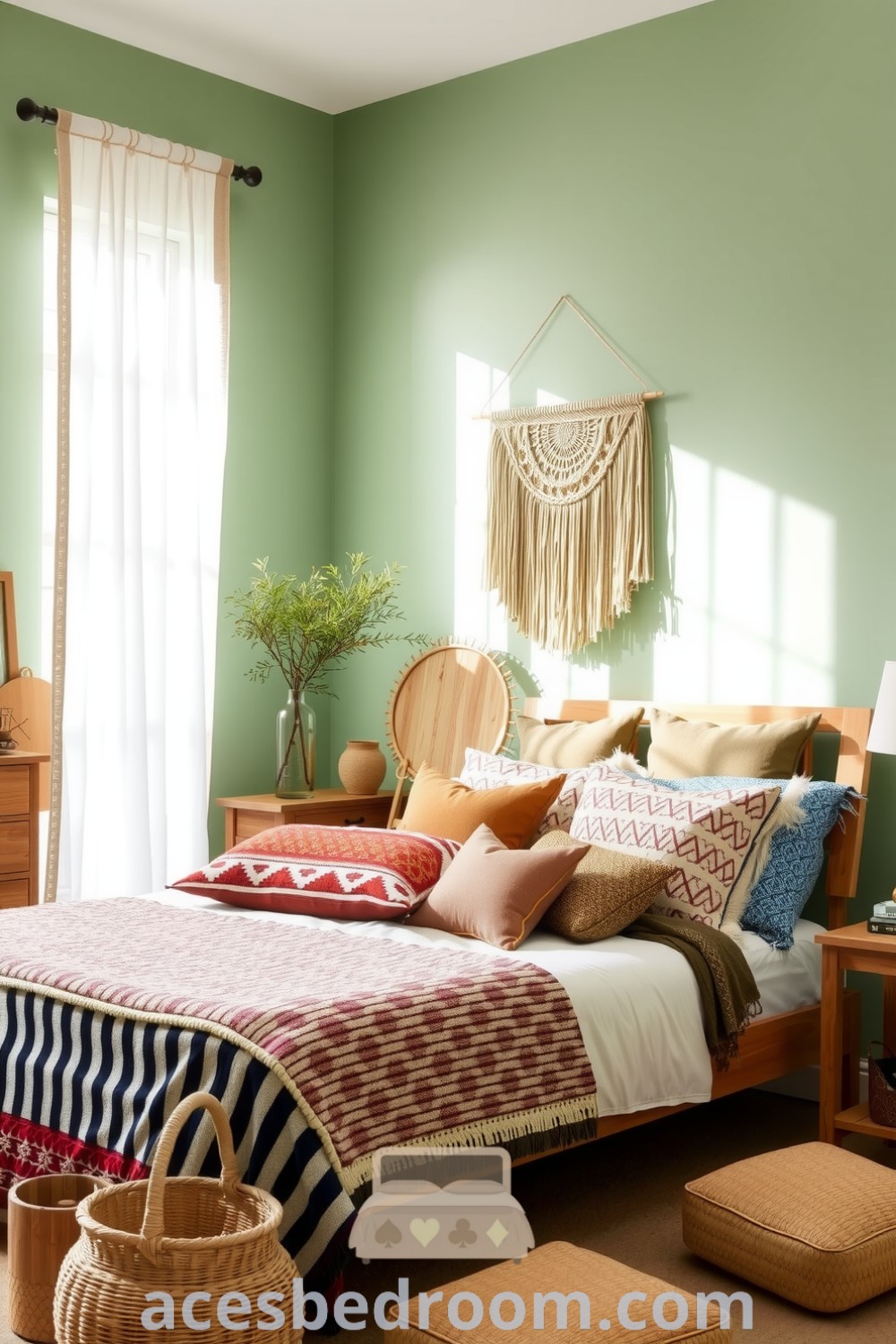 Cozy boho bedroom featuring soft green walls, a queen-sized bed with layered textiles, mismatched throw pillows, woven baskets, wooden accents, and a macramé wall hanging, all illuminated by natural light through sheer curtains, showcased on acesbedroom.com.