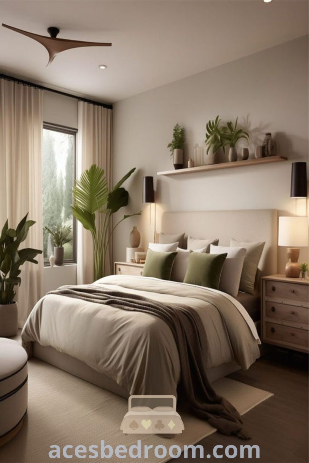 A cozy bedroom featuring a large bed, plants on the wall, and relaxed decor elements, showcasing simple vintage and modern neutral design ideas. This inviting atmosphere offers unique inspirations for adult bedroom ideas and cozy aesthetics for your home. Visit acesbedroom.com for more decor inspirations.