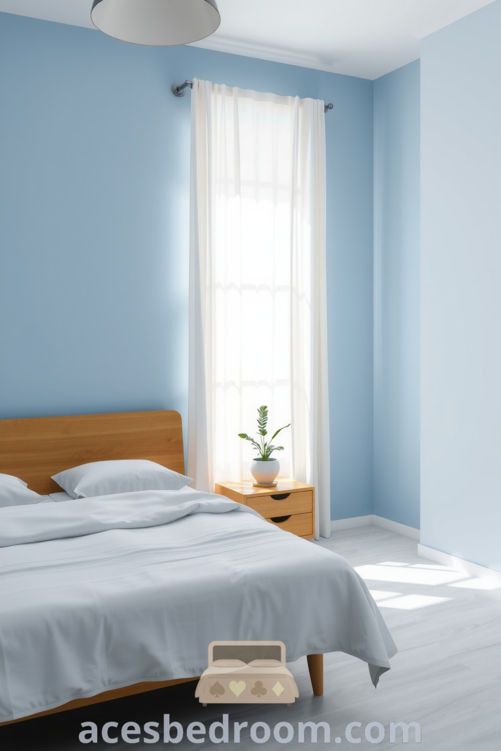 Cozy minimalist bedroom featuring a serene blue palette, textured walls, a low-profile natural wood bed with white linens, a handcrafted nightstand with a potted plant, and sheer curtains creating a soothing ambiance, as seen on acesbedroom.com.