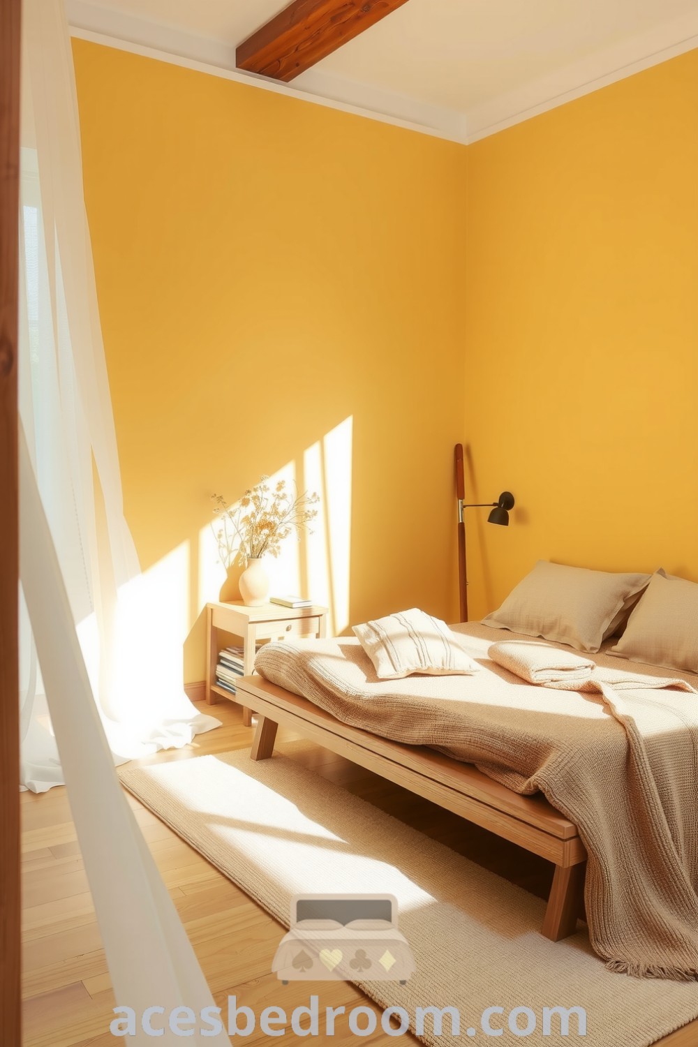 Cozy Japandi bedroom featuring soft yellow walls, natural wood furniture, a low-profile bed with linen sheets, earthy throws, and a minimalist nightstand with dried flowers, creating a serene and inviting atmosphere, showcased on acesbedroom.com.