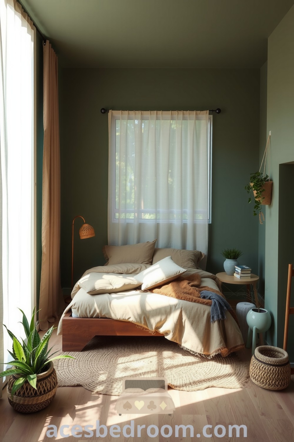 Cozy nature-inspired bedroom featuring soft sage green walls, handcrafted wooden bed frame, organic cotton bedding, jute rug, large windows with sheer linen, and houseplants for an inviting atmosphere, displayed on acesbedroom.com.