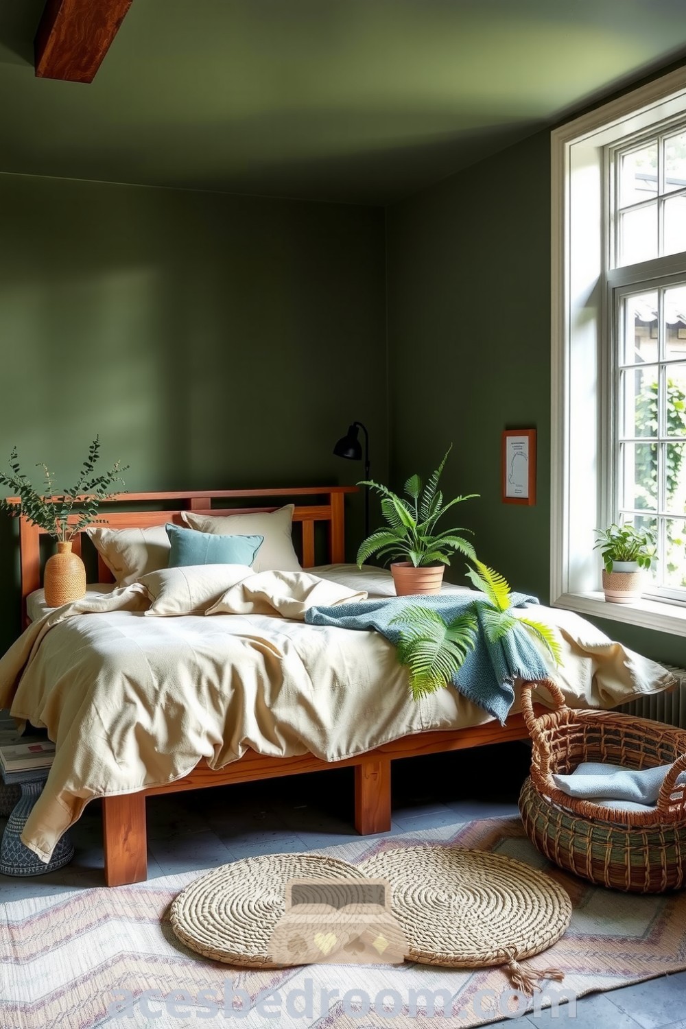 Cozy Nature Bedroom featuring soft earthy greens, handcrafted wooden bed, organic cotton duvet, potted plants, and woven baskets, ideal for creating a serene and tranquil retreat, showcased on acesbedroom.com.
