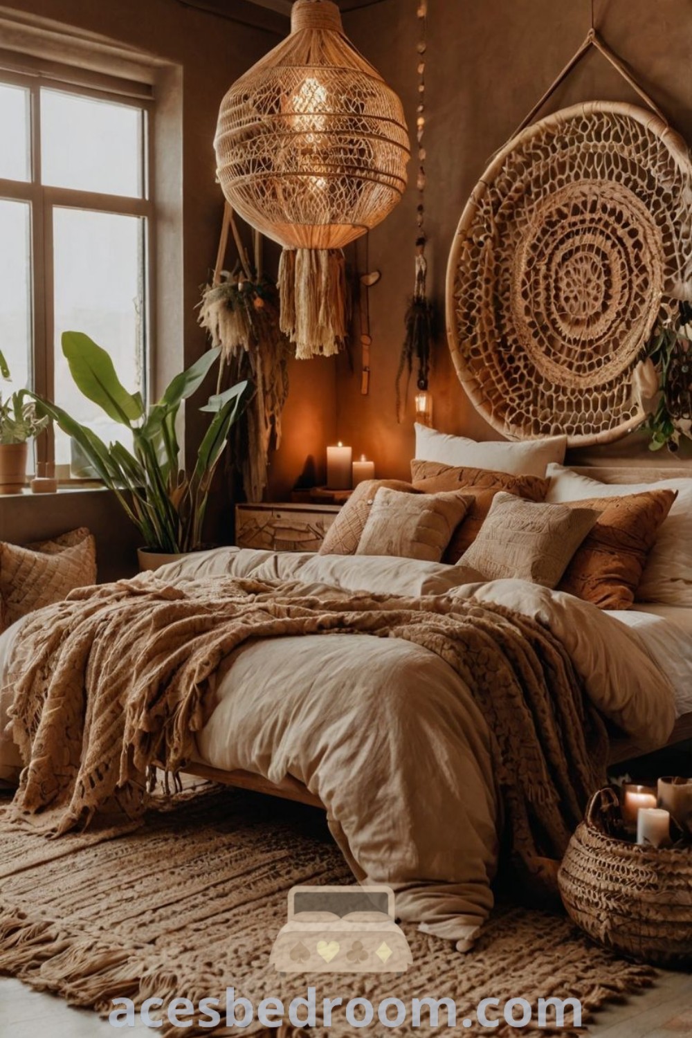 A cozy Victorian Boho bedroom with a large bed next to a window, decorated with candles on top. This inspiring space combines elements of boho interior design and neo soul for a stylish, warm atmosphere. Discover more cozy ideas and decor inspirations at acesbedroom.com.